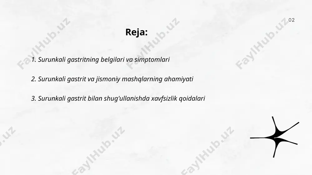 dali bo'lishi mumkin. ... t.me/slaydai_bot surunkali gastrit bilan shug'ullanishda xavfsizlik qoidalari quyidagilarni o'z ichiga oladi: to'g'ri ovqatlanish tartibini saqlash zarur, ya'ni yog'li, achchiq va qovurilgan ovqatlardan voz kechish. kun davomida kichik qismlar bilan 4-5 mahal ovqatlanish, taomlar orasida 2-3 soatlik muddatni ushlab turish muhimdir. ovqatlanishdan oldin qo'llarni yuvish gigiena uchun zarur. spirtli ichimliklardan va tamakidan voz kechish lozim. shifokor tavsiyasiga ko'ra, dori vositalarini o'z vaqtida va dozada qabul qilish kerak. stressni boshqarish va optimal dam olish rejimini yo'lga qo'yish ham yordam beradi. har qanday noqulaylik yoki og'riq paydo bo'lganda darhol shifokor bilan bog'lanish tavsiya etiladi. shaxsiy va jamoat sanitariyasiga amal qilish kasallikning oldini olishda muhim ahamiyatga ega. ... t.me/slaydai_bot jismoniy mashqlar surunkali gastritga ijobiy ta'sir ko‘rsatishi mumkin. mashqlar ovqat hazm qilish jarayonini yaxshilaydi, stressni kamaytiradi va umumiy sog‘liqni mustahkamlaydi. kechasi 7-8 soat uxlash va muntazam jismoniy faollik immunitetni mustahkamlashga yordam beradi. haftasiga kamida 150 daqiqa o‘rtacha intensivlikdagi aerob mashq qilish …