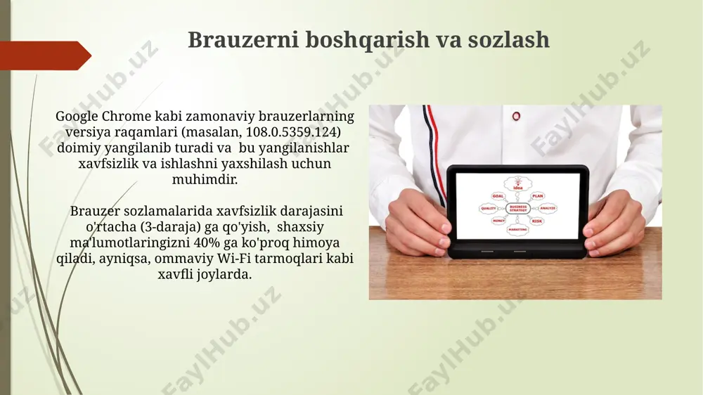 yaxshilaydi. google chrome kengaytmalar do'koni 2010 yilda tashkil etilgan bo'lib, dunyo bo'ylab millionlab foydalanuvchilarga 100,000 dan ortiq turli xil kengaytmalarni taklif qiladi, shu jumladan, produktivlikni oshiradigan va xavfsizlikni ta'minlaydigan vositalar mavjud. brauzerlarni taqqoslash microsoft edge, windows operatsion tizimiga integratsiyasi tufayli, qo'shma shtatlarda keng tarqalgan va uning xavfsizlik xususiyatlari 80 dan ortiq xavfsizlik xavflarini oldini oladi. opera, tezligi va qulayligi bilan ajralib turadi, 100 dan ortiq tilni qo'llab-quvvatlaydi va norvegiyada ishlab chiqilgan. uning energiya tejash rejimlari esa batareya quvvatini tejashga yordam beradi. e'tiboringiz uchun rahmat @taqdimot_robot image1.jpg image2.jpg image3.jpg image4.jpg image5.jpg image6.jpg image7.jpg image8.jpg image9.jpg