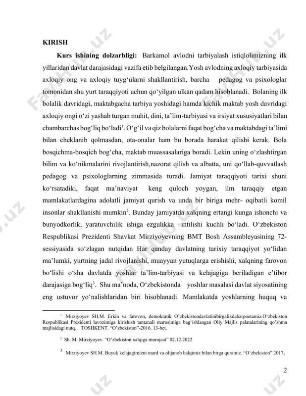chambarchas bog‘liq bo‘ladi[footnoteref:1]. o‘g‘il va qiz bolalarni faqat bog‘cha va maktabdagi ta’limi bilan cheklanib qolmasdan, ota-onalar ham bu borada harakat qilishi kerak. bola bosqichma-bosqich bog‘cha, maktab muassasalariga boradi. lekin uning o‘zlashtirgan bilim va ko‘nikmalarini rivojlantirish,nazorat qilish va albatta, uni qo‘llab-quvvatlash pedagog va psixologlarning zimmasida turadi. jamiyat taraqqiyoti tarixi shuni ko‘rsatadiki, faqat ma’naviyat keng quloch yoygan, ilm taraqqiy etgan mamlakatlardagina adolatli jamiyat qurish va unda bir biriga mehr- oqibatli komil insonlar shakllanishi mumkin[footnoteref:2]. bunday jamiyatda xalqning ertangi kunga ishonchi va bunyodkorlik, yaratuvchilik ishiga ezgulikka intilishi kuchli bo‘ladi. o‘zbekiston respublikasi prezidenti shavkat mirziyoyevning bмт bosh assambleyasining 72-sessiyasida so‘zlagan nutqidan har qanday davlatning tarixiy taraqqiyot yo‘lidan ma’lumki, yurtning jadal rivojlanishi, muayyan yutuqlarga erishishi, xalqning farovon bo‘lishi o‘sha davlatda yoshlar ta’lim-tarbiyasi va kelajagiga beriladigan e’tibor darajasiga bog‘liq[footnoteref:3]. shu ma’noda, o‘zbekistonda yoshlar masalasi davlat siyosatining eng ustuvor yo‘nalishlaridan biri hisoblanadi. mamlakatda yoshlarning huquq va manfaatlarini himoya qilish, ularga zarur shart-sharoitlar va imkoniyatlarni yaratib berish borasida …