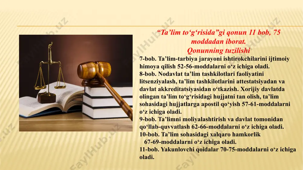 aka va ko‘nikmalar beradigan, o‘qish davomiyligi kamida uch yil bo‘lgan tayanch oliy ta’limdir. magistratura tegishli bakalavriat negizidagi aniq mutaxassislik bo‘yicha o‘qish davomiyligi kamida bir yil bo‘lgan oliy ta’limdir. 12-modda. oliy ta’limdan keyingi ta’lim oliy ta’limdan keyingi ta’limni oliy ta’lim va ilmiy tashkilotlarda olish mumkin. oliy ta’limdan keyingi ta’lim doktorlik dissertatsiyasini tayyorlash va himoya qilish maqsadida mutaxassislikni chuqur o‘rganishni va ilmiy izlanishlar olib borishni nazarda tutadigan tayanch doktorantura, doktorantura va mustaqil izlanuvchanlik asosida ilmiy darajaga ega ilmiy va ilmiy-pedagogik kadrlar tayyorlashni ta’minlaydi. tayanch doktorantura falsafa doktori (doctor of philosophy (phd) ilmiy darajasiga da’vogar izlanuvchilar uchun ishlab chiqarishdan ajralgan holda tashkil etiladigan oliy malakali ilmiy va ilmiy-pedagog kadrlar ixtisosligi bo‘yicha oliy ta’limdan keyingi ta’lim shakli hisoblanadi. doktorantura fan doktori (doctor of science (dsc) ilmiy darajasiga da’vogar izlanuvchilar uchun ishlab chiqarishdan ajralgan holda tashkil etiladigan oliy malakali ilmiy va ilmiy-pedagog kadrlar ixtisosligi bo‘yicha oliy ta’limdan keyingi ta’lim shakli hisoblanadi. mustaqil izlanuvchilik falsafa doktori …