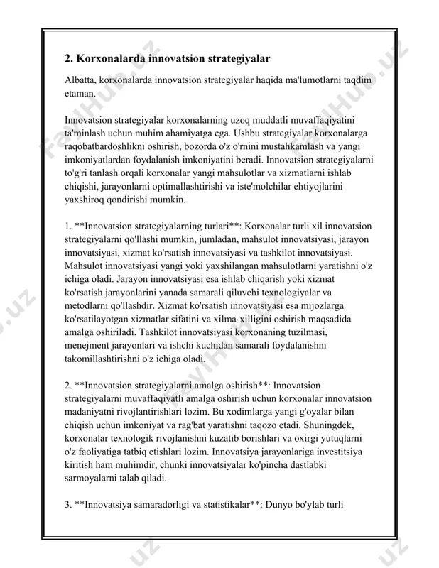 rmalarning faqatgina 10-15 foizi muntazam ravishda yangi g'oyalar yaratish masalasiga e'tibor qaratadi. iloji bo'lsa, bu bosqichda bozordagi ehtiyoj va talablar aniqlanadi, chunki bozor tadqiqoti natijalariga qarab, g'oyaning qanchalik muvaffaqiyatli bo'lishi taxmin qilinadi. 2. g'oya darajasi: g'oya darajasida 60-80 foiz g'oyalar prototip bosqichiga yetmasdan rad etiladi. bu bosqichda esa texnik imkoniyatlar va iqtisodiy samaradorlik baholanadi. bunda texnik hujjatlar tayyorlanadi, xarajatlar va foyda hisoblanadi. 3. rivojlanish va loyiha amaliyoti: loyiha amaliyotiga o'tishda, joriy etiladigan inovatsiyaning dastlabki sinovlari va prototiplari yaratiladi. kompaniyalarning 30-40 foizi loyiha bosqichida o'zlashtiradigan mablag'laridan qoniqmaydi, chunki bu bosqichda texnik va iqtisodiy muammolar paydo bo'lishi mumkin. 4. bozorga kirish: loyiha muvaffaqiyatli amalga oshirilganidan so'ng, yangi mahsulot yoki xizmat bozorga chiqariladi. statistik ma'lumotlarga ko'ra, yangi mahsulotlarning 20-30 foizi bozorga kiritilgandan so'ng birinchi yilda muvaffaqiyatsizlikka uchraydi. shu sababli, bu bosqichda mahsulot marketing strategiyasi juda muhim rol o'ynaydi. 5. izchil rivojlanish va innovatsion tahlil: oxirgi bosqichda mahsulot yoki xizmatning bozorga qanday kiritilgani va …