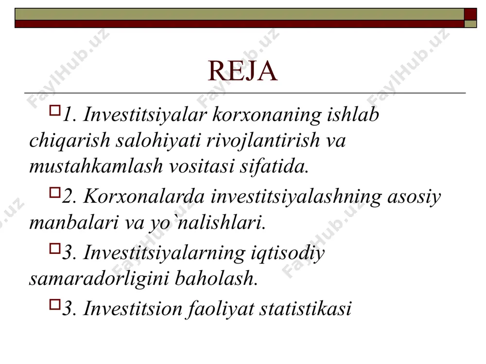 lash; ishlab chiqarishni zamonaviylashtirish va texnik jihatdan qayta qurollantirish; harakatdagi quvvatlarni takomillashtirish. yangi qurilishga yangi maydonlarda maxsus ishlab chiqilgan loyihalar asosida quriluvchi korxona, bino, inshoot va qurilmalar mansubdir. faoliyat yuritayotgan korxonani kengaytirish qo`shimcha ishlab chiqarish majmualarining navbatdagi qismlarini yangi loyiha asosida qurish yoki asosiy, qo`shimcha, yordamchi va xizmat ko`rsatuvchi ishlab chiqarishning amaldagi sexlarini kengaytirish yoki qurishni anglatadi. u asosan, faoliyat yuritayotgan korxona hududida yoki unga tutash maydonlarda amalga oshiriladi. investitsiyalarning har xil turlari uchun turlicha baholash usullaridan foydalanish lozim, bu esa axborot ta`minotining turli darajada bo’lishiga bog’liq. dastlabki real investitsiyalarni baholashda xususiy qarorlar, odatda, jo’n usullar bilan qabul qilinadi. xususiy qarorlarni qabul qilishda investitsiya resurslari qiymatini baholashning quyidagi usullaridan foydalanish mumkin: statistik usullar. bu usullarda vaqt omili hisobga olinmaydi yoki to’liq darajada hisobga olinmaydi. bularning uchta usullari mavjud: xarajatlarni taqqoslash; foydani taqqoslash; rentabellikni taqqoslash (investitsiyalar bilan bog’liq risklarni aks ettiradigan xarajatlarning qoplanish usuli). sof diskontlangan daromad butun hisobot davri uchun …