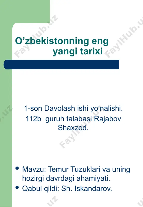 alohida e'tibor berilgan. «temur tuzuklari»da aytilishicha, musulmonlarga diniy madrasalarda ta'lim berish, shariat aqidalari va islom dini ilmlari: tafsir, hadis, fiqhdan dars berish uchun sohibqiron tomonidan har bir shaharga olimlar va mudarrislar tayin qilingan. talabalarga o'z davrining yirik allomalari dars berganlar. madrasa mudarrislariga ko'p maosh to'langan, ular farovon hayot kechirganlar. «temur tuzuklari»da «sayyidlar, ulamoyu mashoyix, oqilu donolar, tarixchilarni e'tiborli kishilar hisoblab, hurmatlarini joyiga qo'ydim. ular bilan qimmatli fikrlashdim»,- deb yozadi. image1.jpeg image2.png image3.jpeg image4.png image5.jpeg image6.png /docprops/thumbnail.jpeg
