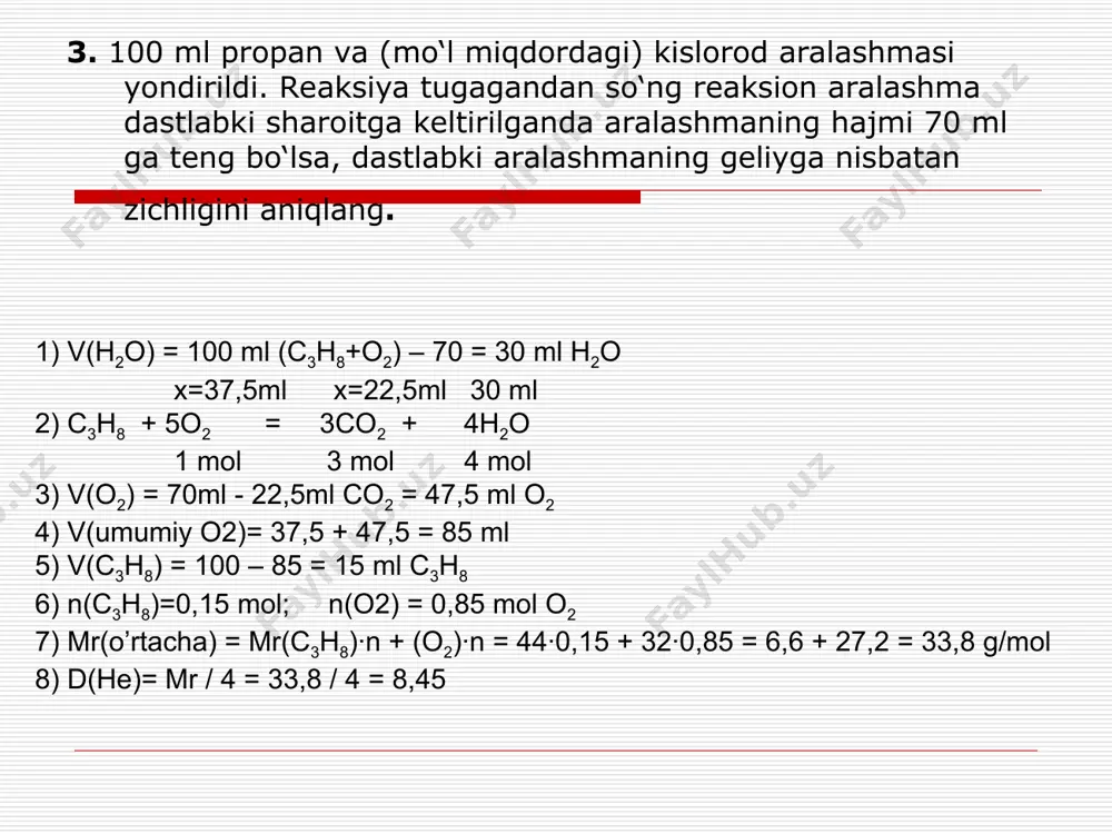 h4 →ch3cl →ch3-ch3→ ch3-ch2br → ch3-ch2-ch2-ch3 alcl3 →ch3-ch(ch3)-ch3 mustaqil ishlash uchun masalalar 1. metan, is gazi va propan aralashmasidan 1,5 mol olib yondirildi, reaksiya natijasida 2,2 mol karbonat angidrit va 2,8 mol suv bug’lari hosil bo’ldi. dastlabki aralashmadagi berilgan qatordagi moddalarning miqdorini aniqlang? 2. metan va is gazidan iborat 50 ml aralashmani yondirish uchun 75 ml kislorod sarflandi. suv bug’i kondensatlagandan keyin aralashma hajmi 70 ml bo’lib qoldi. metanning dastlabki aralashmadagi hajmiy ulushini aniqlang? 3. 100 ml propan va (mo‘l miqdordagi) kislorod aralashmasi yondirildi. reaksiya tugagandan so‘ng reaksion aralashma dastlabki sharoitga keltirilganda aralashmaning hajmi 70 ml ga teng bo‘lsa, dastlabki aralashmadagi propanning hajmiy ulushini (%) aniqlang. 4. 100 ml propan va (mo‘l miqdordagi) kislorod aralashmasi yondirildi. reaksiya tugagandan so‘ng reaksion aralashma dastlabki sharoitga keltirilganda aralashmaning hajmi 70 ml ga teng bo‘lsa, hosil bo‘lgan gazlar aralashmasidagi kislorodning hajmiy ulushini (%) aniqlang. 5. hajmi 13,44 l bo`lgan metanning quyosh nuri ishtirokida xlorlanishidan …