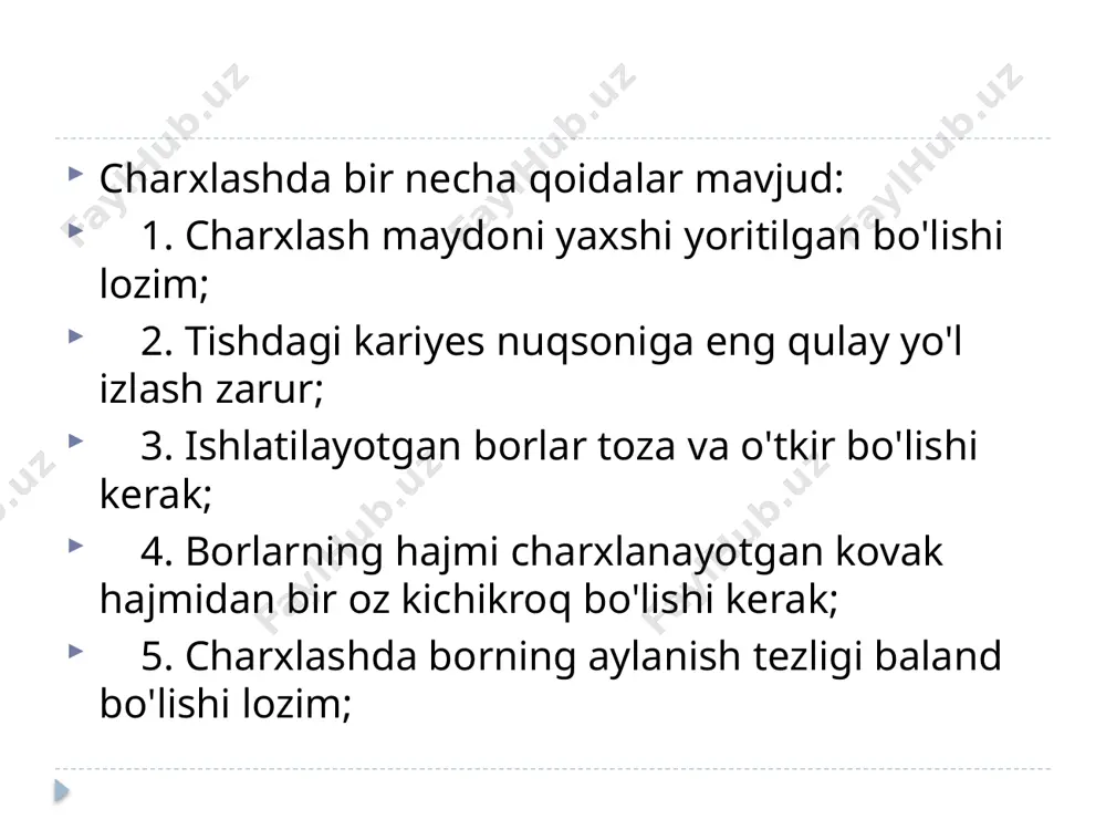 irib borishiga to'sqinlik qiladi va tish va umuman makroorganizmning himoya reaktsiyasi sifatida qabul qilinadi. karioz jarayoni yanada faolroq, shaffof dentin hosil bo'lishi kamroq namoyon bo'ladi. shuning uchun, bu joylarda nekrektomiya, qoida tariqasida, buzilmagan dentin ichida amalga oshiriladi. kariozlangan dentinni olib tashlash ekskavatorlar yoki katta o'lchamdagi sharsimon borlar (karbid yoki po'lat) bilan amalga oshiriladi. agar karioz bo'shlig'ida katta miqdordagi cho'zilgan dentin bo'lsa, uni o'tkir eks- kavator bilan olib tashlash tavsiya etiladi. ekskavatorning tish bo'shlig'ini tasodifan ochmaslik uchun uni pastki qismdan devorlarga yo'naltirish kerak. ekskavatorning o'lchami bo'shliqning o'lchamiga mos kelishi kerak. juda kichik ekskavatorlardan foydalanish, shuningdek , tish bo'shlig'ini tasodifan ochish xavfini oshiradi. nekrektomiya katta o'lchamdagi sharsimon yoki nok shaklidagi borlar (karbid yoki po'lat) bilan ham amalga oshirilishi mumkin 3-bosqich. nekroektomiya. bu bosqich yumshoqlashgan va pigmentlangan hamma to’qimani olib tashlashni o’z ichiga oladi. morfologik nuqtai nazardan deminerallashgan to’qima olib tashlanadi. odatda ekskavator va turli o’lchamdagi sharsimon borlarning uncha katta bo’lmagan tezlikda aylanishi …