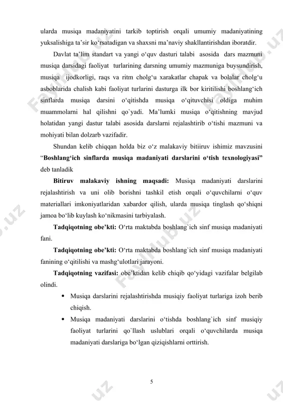 a uni ommalashtirish hamda “musiqa madaniyati” fanini o‘qitishda o‘qitish uslublarini samarali qo`llash mumkin. bitiruv malakaviy ishi kirish, ikki bob, xulosa va adabiyotlar ro‘yxatlaridan iborat. 1-bob. boshlang‘ich sinflarda musiqa madaniyati darslari texnologiyasining mazmuni 1. 1. boshlang‘ich sinf musiqa madaniyati darslarida musiqaviy faoliyat turlari o‘zbekiston respublikasining «ta’lim to‘g‘risida»gi qonuni, shuningdek, «kadrlar tayyorlash milliy dasturi» talablari asosida ta’lim tizimida ro‘y berayotgan o‘zgarishlar ta’lim muassasalaridagi barcha o‘quv fanlari qatorida musiqa bo‘yicha ham mutaxassislar zimmasiga yangi - yangi zamonaviy dolzarb vazifalarni yuklamoqda. zotan, musiqa birinchi navbatda yoshlarning ma’naviy-axloqiy madaniyatini shakllantirishga, ularda milliy g‘urur va vatanparvarlik, nafosat va badiiy didni o‘stirishga xizmat qilib, pirovardida ularni haqiqatgo‘y komil inson qilib tarbiyalashga o‘z hissasini qo‘shadi. “musiqa inson his-tuyg‘ularini, orzu-umidlarini, hohish-istaklarini o‘ziga xos badiiy tilda ifoda etadi va kishining his-tuyg‘ulariga faol ta’sir etadi. musiqa ham fan, ham san’atdir” shundan kelib chiqqan holda aytish mumkinki, musiqa tarbiya jarayonida o‘quvchilarga musiqiy bilim berish, qo‘shiq kuylashni o‘rgatish va ularni estetik jihatdan tarbiyalash …