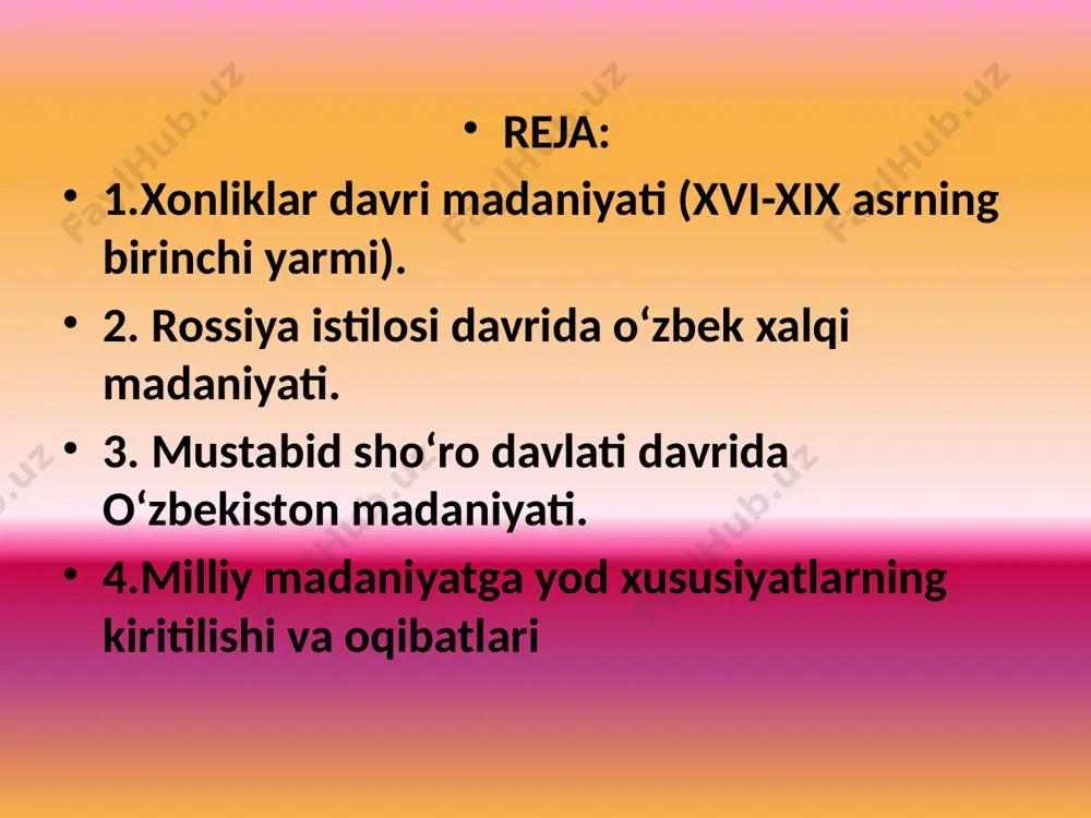 g qator tarmoqlari rivoj topdi. 1693 yilda amin axmat roziy “xaf iqlim” 7 iqlim degan bialogiyaga oid lug‘at tuzdi. unga mutribiyning dunyo xaritasi ilova qilindi. 1541 yilda muxamad xusayin assamarqandiy tibiyot va farmakalogiyaga oid ilmiy asar yozdi. u ko‘z tabibi shox ali ibin sulaymon navro‘z axmadjon xuzurida ishlab, kasalliklar xaqida (tabiblik dasturul amali) risolasini yozadi. musiqaga oid buxorolik navkabiyning asari xam xvi asrda bu sanat rivojidan darak beradi. bundan tashqari xattotlik sanatining rivojiga ulkan xisa qo‘shgan sulton ali mashxadiy, mir ali xirvi, maxmud ali shiqobiy kabi xusnixat ustalari ijod qilgan.1586 yilda darvesh muxammad buxoro kaligrafiya san’ati nazariyasiga oid asar yozdi. shuningdek ko‘plab qo‘lyozmalar miatyoralar va suratlar bilan bezatildi. tarixiy va adabiy asarlardan “fatxnoma” tarixi abdulxayrixoniy, navoiyning asarlari shular jumlasidandir. “miatyoralarda markaziy osiyo moddiy ma’daniyati aks etiriladi va rassomlar voqeylikni realistik tasvirlashga intiladi”. jaloliddin yusuf keldi muxammad va boshqalar rasomchilik sanatigan xissa qo‘shadi. xonliklar davrida qurilish inshoatlari turlari yanada takomirlashadi, ko‘plab …