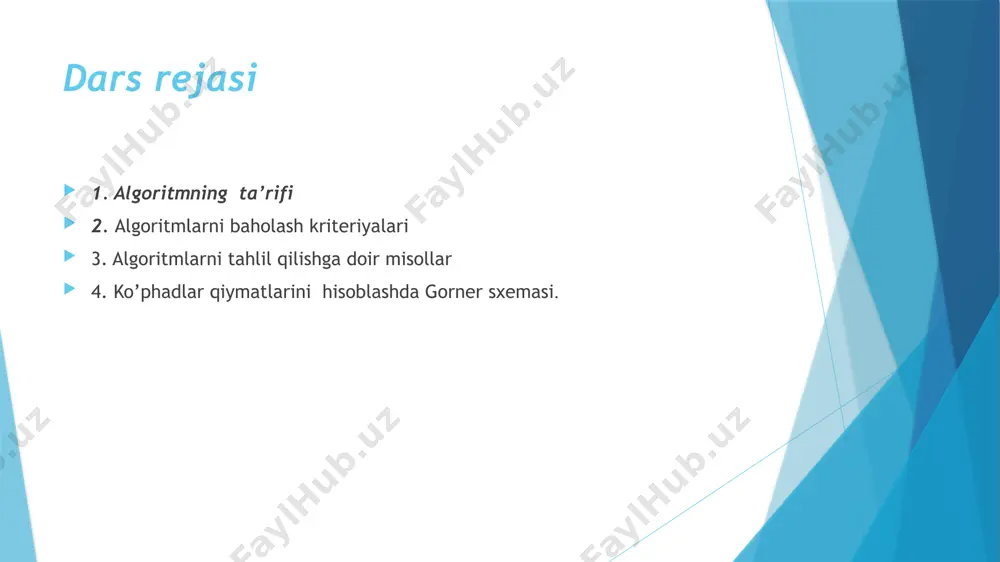 masalaning qo’yilishi modelni qurish algoritmni ishlab chiqish algoritm to’g’riligini tekshirish kodlashtirish dasturni tekshirish hujjatlashtirish demak, algoritmlarni baholash uchun ikkita asosiy kretiriya mavjud ekan. - algoritmni ishlash vaqti bo’yicha baholash - algoritmni bajarish uchun xotiradan egallagan hajmi bo’yicha baholash algoritmlarni asimptotik (o()) baholash – algoritmda kiruvchi ma’lumotlarning bajariladigan amallar soniga ma’lum bir qonuniyatlar asosida mos qo’yilishidir. bu qonuniyatlar kvadratik, factorial, logarifmik bo’lishi mumkin. agar kiruvchi ma'lumotlarning o'lchamlari oshsa, algoritmning bajarilish vaqti f(n) funksiyasi bilan bir xil tezlikda oshsa, algoritmda o(f(n)) murakkablik bor. agar kiruvchi ma'lumotlarning o'lchamlari oshsa, algoritmning bajarilish vaqti f(n) funksiyasi kvadratik tezlikda oshsa, algoritmda o(f(n^2)) murakkablik bor. keyingi jadval 1 sekundda, 1 minutda, 1 soatda 5 ta algoritmlarni har birining yordamida yechiladigan masalaning kattaligi keltirilgan. samaradorlikni baholashga misollar masala, qalam va qog’oz yordamida, quyidagi 16 ta kvadratdan iborat shaklni yasash kerak. 1 2 3 4 5 6 7 8 9 10 11 12 13 14 15 16 algoritm bahosi …
