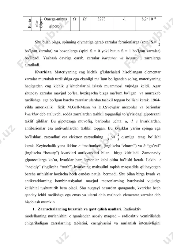 soblagichi, gaz razryadli hisoblagich, yarimo’tkazgichli hisoblagich va impulsli ionlashtiruvchi kamera misol bo’la oladi. 2. zarraning moddadagi izini kuzatishga, masalan, suratga tushirishga imkon beruvchi asboblar. bunday asboblarga vilson kamerasi, diffuziyali kamera, pufakli kamera, fotoemulsiya usuli misol bo’la oladi. biz quyida ularning ba’zilari bilan tanishib o’tamiz. sintillatsion hisoblagich. ish prinsipi tez zarralarning fluressiyalanuvchi ekranga tushishida ro’y beradigan chaqnash – sintillatsiyaning kuzatilishiga asoslangan. hosil bo’lgan kuchsiz yorug’lik chaqnashi elektr impulslariga aylantiriladi va kuchaytirilib, maxsus apparatlar yordamida qayd qilinadi. α – zarra birinchi marta aynan shunday hisoblagich yordamida qayd qilingan edi. gaz razryadli hisoblagich. bunday hisoblagich, odatda, gaz to’ldirilgan metall silindr (katod) va uning o’qi bo’ylab tortilgan ingichka sim (anod)dan iborat bo’ladi. qayd etiladigan zarra elektrodlar orasidan o’tganda gazni ionlashtiradi. bu ionlar esa gaz, devor atomlari va molekulalar bilan to’qnashib, ularni ikkilamchi ionlashtiradi. umuman olganda, ikki xil razryadli hisoblagich mavjud. birinchisi, proposional hisoblagich deyilib, unda deb ataluvchi ikkinchi xil hisoblagichda esa gaz razryadi mustaqil …