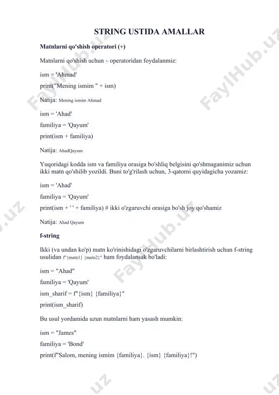 lari bilan tanishaylik. upper() va lower() metodlari upper() metodi matndagi har bir harfni katta harfga o'zgartiradi. ism = 'ahad' familiya = 'qayum' ism_sharif = f"{ism} {familiya}" print(ism_sharif.upper()) natija: ahad qayum lower() metodi esa aksincha, har bir harfni kichik harfga o'zgartiradi. ism = 'ahad' familiya = 'qayum' ism_sharif = f"{ism} {familiya}" print(ism_sharif.lower()) natija: ahad qayum title() va capitalize() metodlari title() metodi matndagi har bir so'zning birinchi harfini katta harf bilan yozadi. ism_sharif = 'james bond' print(ism_sharif.title()) natija: james bond capitalize() esa faqatgina eng birinchi so'zning birinchi harfini katta bilan yozadi. ism_sharif = 'james bond' print(ism_sharif.capitalize()) natija: james bond metodlarni faqat o'zgaruvchilarga emas, balki to'g'ridan-to'g'ri matnga ham qo'llash mumkin (aslida o'zgaruvchi ham matnning (yoki boshqa ma'lumotning) manzili xolos) print('james bond'.upper()) natija: james bond strip(), rstrip() va lstrip() metodlari bu metodlar matnning boshi va oxiridagi bo'sh joylarni olib tashlaydi. · lstrip() — matn boshidagi bo'shliqni, · rstrip() – matn oxiridagi bo'shliqni, · strip() …
