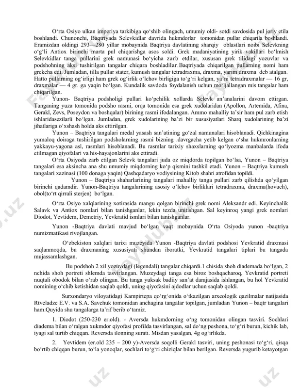 ing qator dirik1 va sikl2larini sotib olinishi, ahmoniylar davriga mansub tilla hamda kumush pullarni sug‘d va baqtriyaga kirib kelganidan dalolat beradi. ammo ularni qay tarzda rol o‘ynagani hozircha noma’lum. eramizdan oldingi iv asrga kelib qisqa vaqt ichida juda katta territoriyani, shu jumladan, o‘rta osiyoning ko‘pgina qismini qo‘lga kiritgan aleksandr makedonskiy tomonidan ahmoniylar imperiyasi ag‘darildi. aleksandr makedonskiy sharq xalqlari o‘rtasida shu nom bilan shuhrat topgan ahmoniylar hukmronligidan keyin o‘rta osiyo hududida mahalliy xalqning g‘oyat keskin va shiddatli qarshiligiga duch keldi. ayniqsa, sug‘d elida spitamen boshchiligida ko‘tarilgan xalq qo‘zg‘oloni shu jihatdan xarakterlidir. aleksandr makedonskiy vafotidan so‘ng uning imperiyasi mayda bo‘laklarga bo‘linib ketdi. imperiyannng osiyo qismi aleksandr makedonskiyning sarkardalaridan selevk asos solgan selevkidlar davlati tarkibiga kirdi. eramizdan oldingi iiiasr o‘rtalarida osiyoning sharqiy oblastlari selevk imperiyasidan ajralib chiqib, uning o‘rniga o‘rta osiyoning janubiy rayonlarini, afg‘oniston va hindistonning bir qismini o‘z ichiga olgan yunon - baqtriyapodsholigi tashkil topdi. o‘rta osiyo ulkan imperiya tarkibiga qo‘shib olingach, …