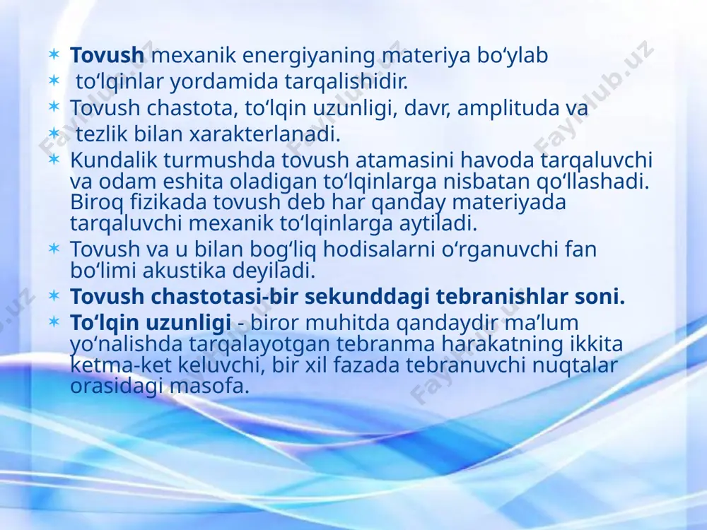 to’qimalarga ta’siri 3 ta faktor asosida bo’lishi mumkin. o’zgaruvchan akustik qarshilikda mexanik faktor yuzaga keladi, bu to’qimalarni mikrovibratsiya yoki mikromassaj qilishga imkon beradi. bu hujayra mebranalarida diffuziya va osmosni oshiradi. mexanik issiqlik fizik - kimyoviy issiqlik faktori to’qimalarda yutilgan ut to’lqin energiyasini unda issiqlik ajralishi bilan bog’liqdir, bu esa biologik jarayonlarni kuchaytirishga, organizmdagi shlaklarni yemirishga hizmat qiladi. ultratovushning fizik – kimyoviy faktori hujayra ichidagi molekulyar komplekslarni fazoviy qayta qurilishi bilan bog’liqdir. bunda ba’zi fermentlar aktivligi oshadi: oksidlanish – tiklanish jarayonlari tezlashadi; to’lqinlarda biologik aktiv moddalar – geparin, gistamin, serotonin hosil bo’ladi. kichik dozadagi ut – og’riq qoldiruvchi, spazmalogik, tomirlarni kengaytiruvchi ta’sirga ega. ta’sir zonasida qon va limfa aylanish tezlashadi, fagasitozlashadi, regineratsiya va reparatsiya jarayonlari tezlashadi. tashqi nafas funksiyasi normallashadi. fizioterapiyada quyidagi ut – apparatlari qo’llaniladi: uts – 1, utp – 1, utp – 3 m, uzt – 101, (suyak – mushak, nerv sistemasi, ichki organ kasalliklarini davolashda) uzt – 102 …