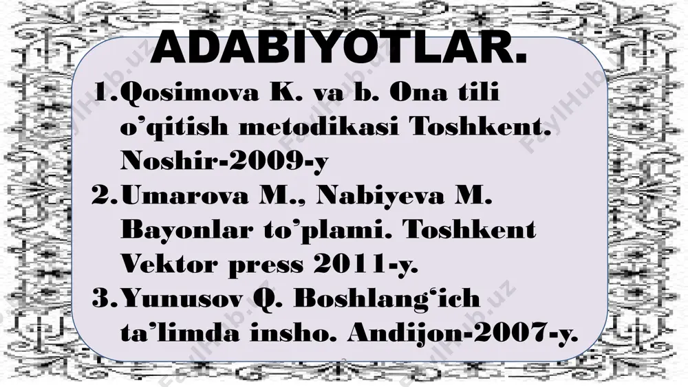 bo‘lish bilan birga un shakillantirish qurolidir. nutqda fikr shakllantiriladi. shu bilan birga fikr nutqni yaratadi. nutq tafakkur bilan chambarchas bog‘liqdir. nutq bo‘lmasa tafakkur ham bo‘lmaydi. til materiali bo‘lmasa fikrni ifodalab bo‘lmaydi. 15 10 fikrni nutqiy shakllantirish uning aniq tushunarli sof izchil mantiqiy bo‘lishini taminlaydi. tilni egallash shu tilning fonetikasi, lug‘ati grammatik ko‘rinishini bilib olish fikrni takomillashtirish uchun tafakkurni o‘stirish uchun, shart sharoit hozirlaydi. bilimlar, faktlar, har xil axborotlar tafakkurning ham nutqning ham materialidir. nutq tafakkur jarayonini o‘rganishning muhim vositasi bolib xizmat qiladi. nutq o‘quvchi fikriy rivojlanishining asosiy o‘lchovi bo‘lib xizmat qiladi. umuman nutqni tafakkurdan ajratib bo‘lmaydi nutq tafakkur asosida rivojlanadi. fikr nutq yordamida pishib yetiladi yuzaga chiqadi. 16 11 16 nutq o‘stirishning boshqa mashg‘ulot turlari bilan ham bog‘liqligi o‘quvchilar nutqini o‘stirish ularning lug‘at boyligini shakllantirish ona tili o‘qish darslari bilan birga boshqa barcha predmetlar bilan ham uzviy bog‘langanligidir. o‘quvchilar ona tili fani orqali tabiat va kishilar hayoti haqida bilib oladilar …