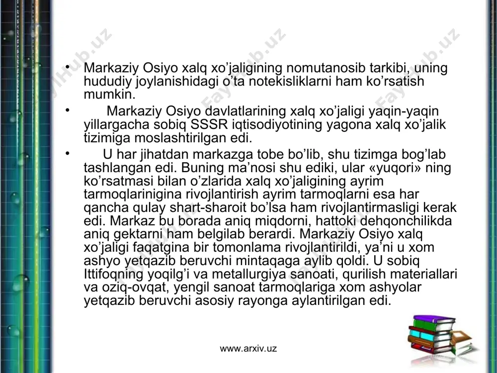 da o’nlab temir ruda konlari topilgan va ishga tushirilgan. shulardan eng muhimlari karaganda va kustanay viloyatlaridagi temir ruda konlari bo’lib, 30 dan oshiq konlar ochilgan va bu konlardagi temir ruda zahirasi 18 mlr.t ga teng. metallurgiya sanoati asosan metallarni qazib olish, boyitish va eritishni o’z ichiga olib bu sanoat qora metallurgiya va rangdor metallurgiya tarmoqlariga bo’linadi. qora metallurgiya mahsuloti xalq xo’jaligining barcha tarmoqlarida texnika taraqqiyotini belgilab beruvchi mashinasozlik sanoati uchun xom ashyo, uning asosiy poydevori hisoblanadi. markaziy osiyo qora metallurgiyasi 1-navbatda markaziy qozog’istonda tarkib topgan va rivojlantirilgan. qozoq magnitkasi deb ataladigan to’liq tsikldagi karaganda metallurgiya zavodi cho’yan, po’lat, prokat ishlab chiqaradi. bu metallurgiya korxonasi karagandada qazib olinayotgan ko’mir yoqilg’isiga tayanib ishlaydi. www.arxiv.uz www.arxiv.uz o’zbekistonda ham "bekobod" metallurgiya kombinati bor. o’zbekistonda qora metallurgiya mahsulotlariga talab ortib boriyapti, shuning uchun bekobod zavodi mahalliy extiyojlarning juda oz qisminigina qondirmokda. buning ustiga zavodda prokatlarning faqat ayrim turlarigina ishlab chiqariladi. shu bilan birga bekobodda tayyorlanayotgan …