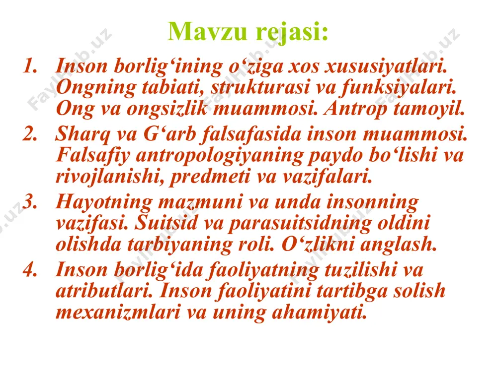 li hayvon» deb ta’riflaganlar. keyinchalik jamiyatning taraqqiyoti asosida ular insonni «siyosiy hayvon», «ijodkor hayvon», «tarixning ijodkori», «gapiradigan, tilga va nutqqa ega hayvon», “dunyoga diniy munosabatda bo‘luvchi mavjudot», deb izohlay boshlagan. ma’lum davrlardan keyin esa ba’zi faylasuflar insonni «ma’lum maqsadga yo‘naltirilgan, xulq-atvorga ega bo‘lgan mavjudot», deb tushuntira boshlaydilar. falsafa inson borlig‘ini olamning tarkibiy qismi sifatida o‘rganadi. inson — o‘zida biologik, ijtimoiy va psixik xususiyatlarni mujassamlashtirgan ongli mavjudotdir. qadimdan boshlab faylasuflar insonni hayvonlardan ajratib turadigan asosiy tafovutlar: xulqi, ongi, til va nutqi, degan fikrni ham bildirishgan. ong – falsafaning sub’ektiv reallikni ifodalovchi g‘oyat keng kategoriyasidir; odamning, uning miyasi va psixikasining tashqi dunyoni ideal aks ettirishidir; insonning ma’naviy dunyosidir, o‘zining dunyoda borligini anglab yetishidir; uning tashqi dunyoga munosabatidir. al-farobiy bunday deb yozgan edi: «inson o‘zining alohida xususiyatlari bilan barcha hayvonlardan farq qiladi, chunki unda jon bor, undan tana a’zolari vositasida ta’sir etuvchi kuchlar paydo bo‘ladi, bundan tashqari, unda tana a’zolarining vositasisiz ta’sir etuvchi …
