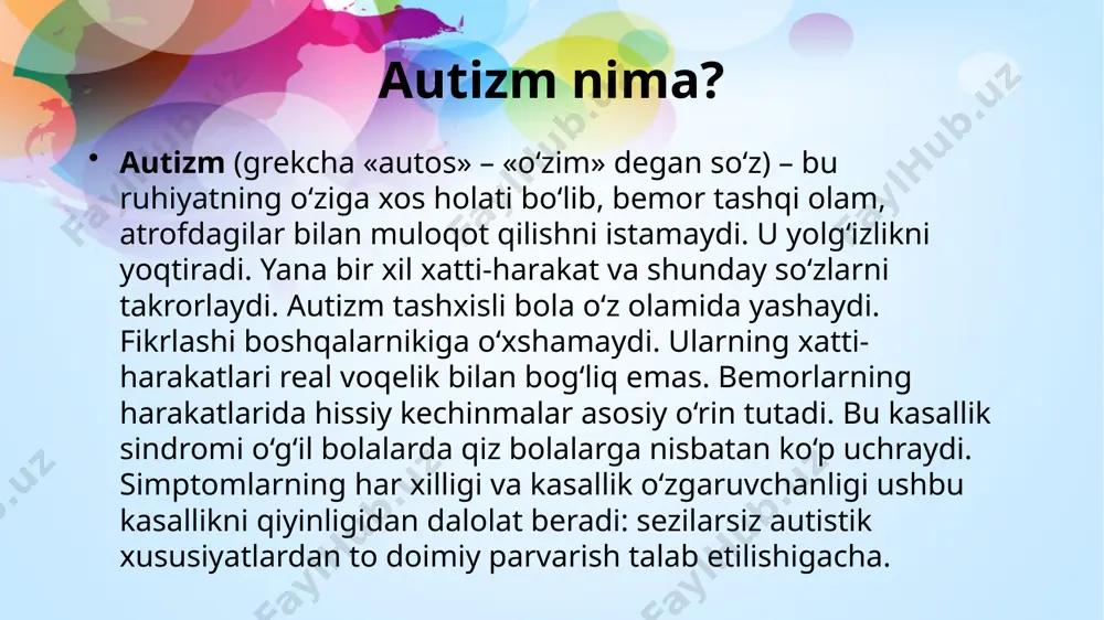 zi joylarda har 1000 taga 1 ta autist to‘g‘ri keladi. ma’lum vaqt ilgari autizm kam hollarda uchraydigan psixik kasallik deb kelinar edi. nima uchun autizmga moyillik ko‘paymoqda? birinchidan, “epidemiya” sabablari deganda olimlar autizm kasalligi belgilarining kengayishini ya’ni rivojlanishdan ortda qolish belgilari retta sindromi, aspergera sindromi va autizmning klassik simptom komplekslarining ko‘p uchrashini aytishmoqda. ikkinchidan, kasallik haqida ma’lumot ko‘paymoqda. ilgari tortinchoq, uyatchan, introvert va shizofreniyaga moyil bolalarni “g‘ayritabiiy bolalar” deyishgan bo‘lsa, hozirgi kunga kelib bunday bolalarni autistik bolalar (autizm) deyishmoqda. uchinchidan, giperdiagnostika ya’ni ota-onalar tomonidan vahimakashlik sabab bo‘lmoqda. autizm o‘z navbatida “zamonaviy” kasallikka aylanib bormoqda, bunga autist bolalar haqidagi kinofilmlar ularni “super aql” egalari sifatida namoyon bo‘lishlari sabab bo‘lmoqda. yana bir ahamiyatli jihati ba’zi ota-onalar bolalar tarbiyasida yo‘l qo‘yilgan xatoliklarni autizm kasalligi bilan berkitishmoqda. autizm kasalligini toifalanishi. autizm kasalligi yoshga qarab quyidagilarga bo‘linadi: erta bolalik autizmi – 2 yoshgacha; bolalik autizmi – 2-11 yoshgacha; o‘smirlik autizmi 11-18 yoshlargacha. autizm belgilari ijtimoiy …