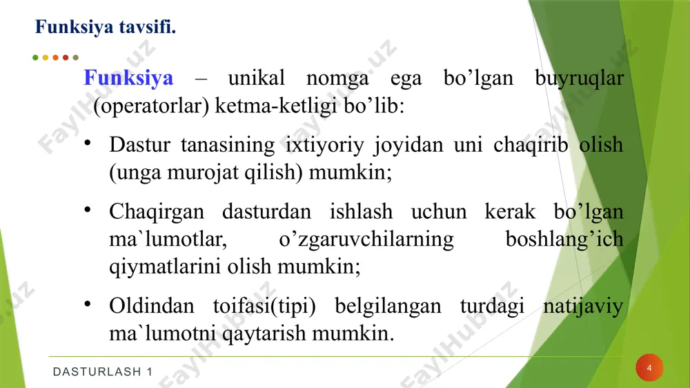 rorlanish holatlari bo’lganda, shu takrorlanadigan kod qismini alohida funksiya sifatida olinadi va zarur holatlarda shu funksiyaga murojaat qilib natijani olish maqsadga muvofiq bo’ladi. dasturlash 1