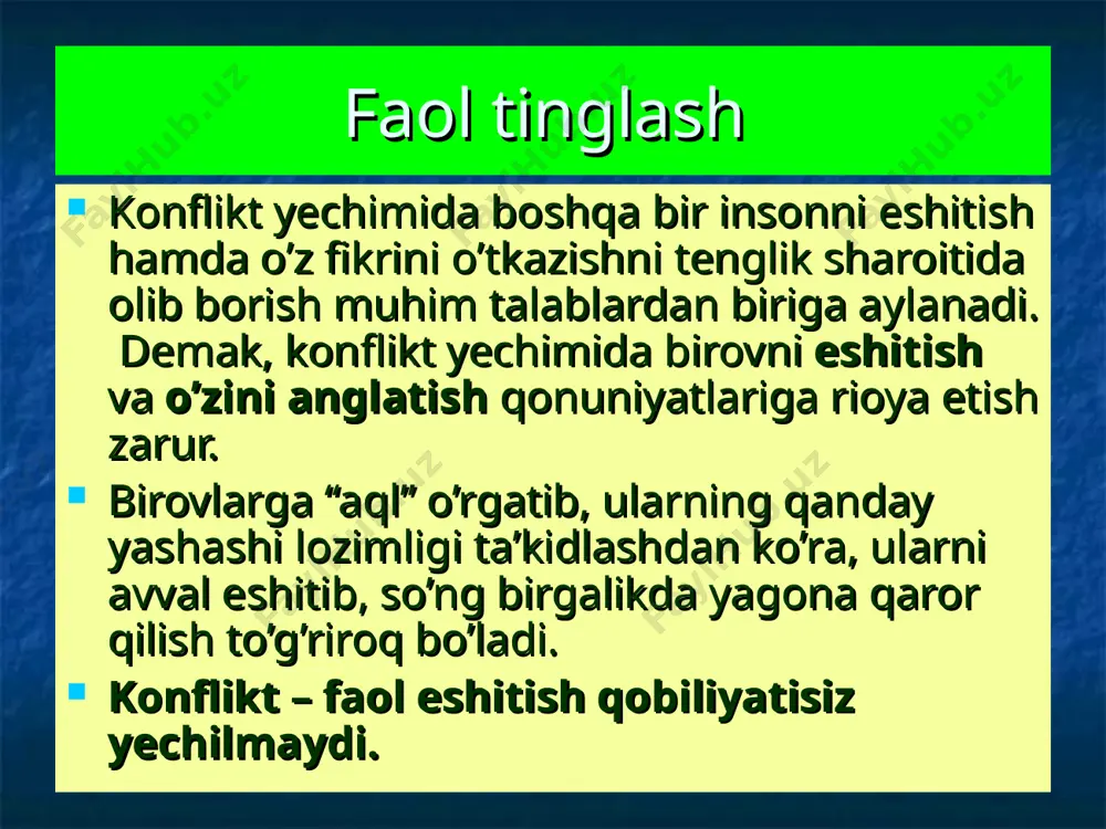 suhbatdoshingizga o’zaro tenglik tamoyili asosida muomala qilasiz, uni suhbatdagi hamkor deb qabul qilasiz, uning maqsadlarini o’zingizga bo’ysundirmaysiz; suhbatdoshingizning o’z shaxsiy fikri mavjud bo’lishi mumkinligi huquqini hurmat qilasiz, shu bois o’z fikringizni u albatta qabul qilishi lozimligi talab etmaysiz, u sizning fikringizga qo’shilmasa, undan hafa ham bo’lmaysiz, chunki har bir odamning o’z qarashi mavjud bo’lishi lozimligi tabiiy hol. insonning individualligi fikrlari va qarashlarida ham o’zini namoyon qiladi. uning qarash va fikrlarini behurmat qilmaysiz hamda ular mavjudligi e’tiborga olasiz. masalan, “faqat ahmoqlar shunday deb o’ylashi mumkin”, “sen asli aqli pastroq odamsan-da, shunaqa xulosaga kelibsan”, “xotinlarning asli aqli pastroq bo’ladi, sendan bundan boshqa yana nimani kutardik...”, “erkaklar har doim mana shunaqa qo’rs bo’ladi, “siz ham odammisiz, gapga tushunadigan…” qabilidagi jumlalar suhbatni keskinlashtiradi. opponentingizning fikri noto’g’ri bo’lsa ham, bu fikr – uning uchun o’z fikri bo’lganligi sababli qadrli ekanligin unutmaslik lozim, unga o’z fikrini o’zgartirish uchun imkon berish dakror. boshqa insonlarning o’z hayotiy tajribasi, …