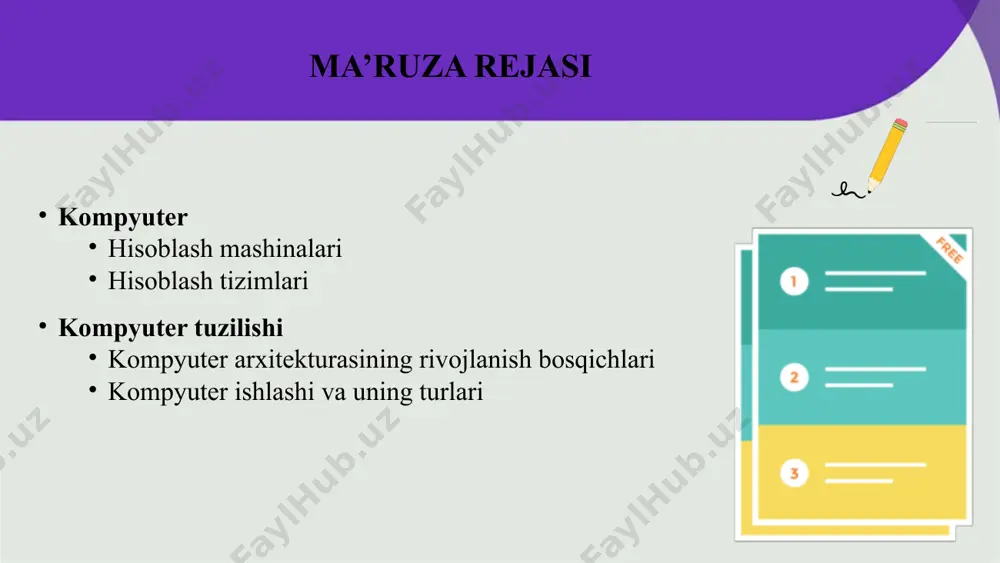 i qurilma. dvd-rom dvd disk ma’lumotlari fayllarini doimiy saqlash va ularni o‘qish uchun ishlatiladi kompyuterning qo‘shimcha qurilmalari kompyuter arxitekturasining rivojlanish bosqichlari kompyuterlar avlodi – bu kompyuterlarni o’z qurilmalarini amalga oshirishda ishlatiladigan texnologiyalarga, shuningdek funksional xususiyatlar va dasturiy ta’minotlarning rivojlanish darajasiga ko’ra birlashtiradigan va hisoblash sanoatining rivojlanishidagi muayyan davrni tavsiflovchi sinflashtirilgan guruhidir. kompyuter avlodlari birinchi avlod (1940-1956) ikkinchi avlod (1956-1963) uchinchi avlod (1964-1971) to’rtinchi avlod (1972-2010) beshinchi avlod (2010-h.k. oltinchi avlod va keying yillar… kompyuterlarning besh avlodi kompyuterlarning avlodlari avlodlar davri rivojlanayotgan apparat birinchi avlod 1940-1950 yillar vakuum trubkasi asosida ikkinchi avlod 1950-1960 yillar transistorga asoslangan uchinchi avlod 1960-1970 yillar integratsiyalashgan sxema asosida to‘rtinchi avlod 1970-2010 yillar mikroprotsessorga asoslangan beshinchi avlod 2010 yil va hozirgi yillar bir nechta mikroprotsessorlar (parallel ishlovchi) oltinchi avlod hozir va kelajak… sun’iy intellekt: neyron tarmoq asosida ishlovchi kompyuterlar birinchi avlod (1940-1956) eniac (electronic numerical integrator and computer)- bu birinchi kompyuterlardan biri bo’lib, og‘irligi 30 tonnadan ortiq, …