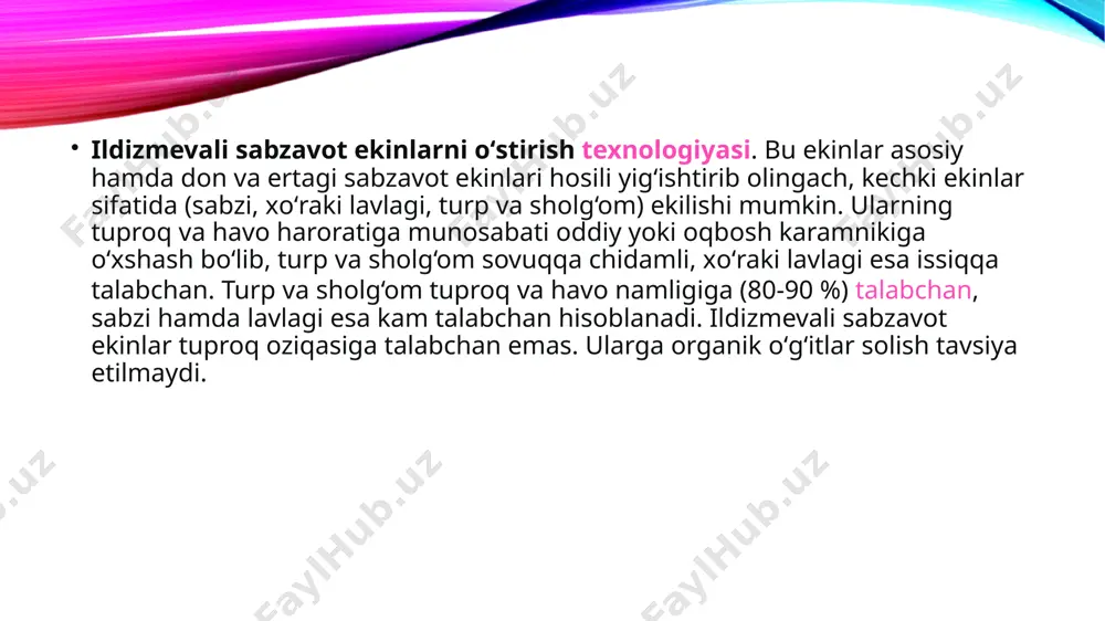 linuron, prometrin va propa¬zin, 2,5 – 3,5 kg normada qo‘llaniladi. o‘simlik ko‘karib, 1-2 chinbarg hosil qilganda gektariga 3 kg prometrin preparat hisobida sepiladi. xo‘raki lavlagi ekilgan maydonga o‘simlik unib chiqquncha 9-12 kg atsetlur, 1-2 chinbarg davrida esa bentanol 6-7 kg sepiladi. gerbitsid¬lar qo‘llanilgan dalalar hosili 4 oydan so‘ng iste’mol qilinishi shart. yerni ekishga tayyorlash. kuzda tuproq 30-35 sm chuqurlikda shudgorlanadi. ekisholdi yer tekis, yumshoq va kesaklar maydalangan bo‘lishi uchun boronalanadi va molalanadi. ekish muddati, usullari va normalari. o‘zbekistonda ildizmevali sabzavotlar 3 muddatda ekiladi: erta bahorda fevral oxiri mart oyining boshlarida (sabzi, lavlagi), yozda 15 iyundan 15 iyulgacha (sabzi, lavlagi), turp va sholg‘om esa iyul oxiri avgust boshida, qish oldidan 15 noyabrdan 10 dekabrgacha (sabzining yevropadan keltirilgan navlari, lavlagi). ildizmevali ekinlar urug‘i ivitilmay ekiladi. lekin bahorda urug‘lar 1-2 kun ivitilib, so‘ngra sochiluvchan holatgacha ekilsa, samarali hisoblanadi. selderey ko‘chatdan ko‘paytiriladi. buning uchun uning urug‘i yanvar oxiri fevral oyida gektariga 800 gramm hisobida …