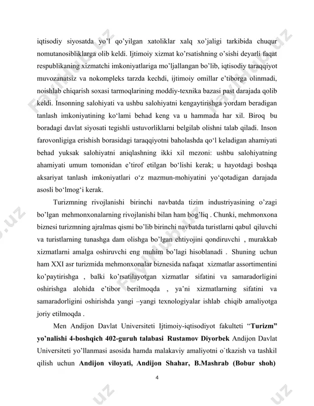 mda unga bevosita bog‘liq bo‘lgan tarmoqlarni qo‘llab-quvvatlash orqali kamaytirish, shuningdek, “turizm to‘g‘risida”gi o‘zbekiston respublikasining qonuni hamda o’zbekiston respulikasi prezidentining “o’zbekiston respublikasida turizm sohasini yanada rivojlantirish chora-tadbirlari to’g’risida”gi 2019-yil 13-avgustdagi pf-5781-son farmoni asosida andijon viloyatida chet ellik sayyohlar va mahalliy mehmonlarni joylashtirish vositalari bilan ta’minlash maqsadida tashkilot o’z faoliyat yo’nalishi belgilangan tartib qoidalar asosida o’zgartirgan. tashkilot nega aynan mehmondo’stlik industriyasiga o’zgartirgan degan savolga javob bersak: dunyo bo'ylab sayohat ko'plab odamlarning ajralmas qismiga aylanmoqda. har yili sayyohlar soni ko'paymoqda, bu esa mehmonxonalarning ochilishiga ehtiyoj ham ko'paymoqda. “uzbechka” mehmonxonasi joylashgan joy shahar markazida joylashganligi va andijon xalqaro aeroporti va temiryo’l vokzaliga yaqin joydaligi ham muhim ro’l o’ynagan. o’zbekistonda turizm jadal rivojlanmoqda va bu soha davlat tomonidan yetarli darajada qo’llab-quvvatlanmoqda. mehmonxona sohasida iqtisodiy samaradorlikning yuqoriligi va shu kabi boshqa sabablar tufayli aynan mehmonxona ochilgan. korxona ma’lumotlari: anzil: o’zbekiston, andijon viloyati, andijon shahar, b.mashrab ko’chasi, 38 b uy. faoliyati: mehmonxona xo’jaligi bo’limlar soni– 5 korxona …
