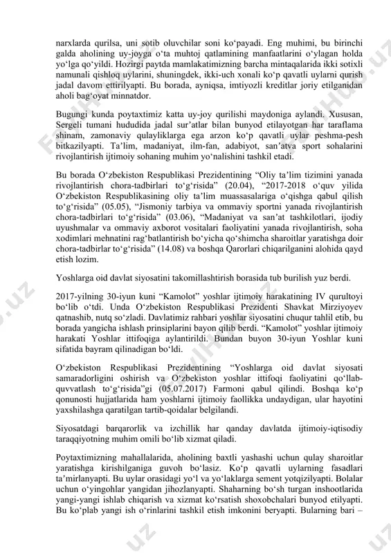 ubdan takomillashtirish chora-tadbirlari to‘g‘risida” (01.06) va boshqa farmonlari qabul qilindi. shuningdek, o‘zbekiston respublikasi prezidentining “sog‘liqni saqlash sohasida xususiy sektorni yanada rivojlantirish chora-tadbirlari to‘g‘risida” (01.04), “ikkinchi jahon urushi qatnashchilarini rag‘batlantirish to‘g‘risida” (04.04), “xotira va qadrlash kuniga tayyorgarlik ko‘rish va uni o‘tkazish chora-tadbirlari to‘g‘risida” (04.04), “2017-2021-yillarda o‘zbekiston respublikasida onkologiya xizmatini yanada rivojlantirish va aholiga onkologik yordam ko‘rsatishni takomillashtirish chora-tadbirri to‘g‘risida” (04.04), “2017-2021-yillarda ichimlik suvi taʼminoti va kanalizatsiya tizimlarini kompleks rivojlantirish hamda modernizatsiya qilish dasturi to‘g‘risida” (20.04), “2018-2022-yillarda issiqlik taʼminoti tizimini rivojlantirish dasturi to‘g‘risida” (20.04), “2017-2021-yillarda ko‘p xonadonli uy-joy fondini saqlash va undan foydalanish tizimini yanada takomillashtirish chora-tadbirlari to‘g‘risida” (24.04), “2017-2021-yillarda yer osti suvlari zahiralaridan oqilona foydalanishni nazorat qilish va hisobga olishni tartibga solish chora-tadbirlari to‘g‘risida” (04.05), “toshkent shahri aholisiga birlamchi tibbiy-sanitariya yordami ko‘rsatishni boshqarish tizimini yanada takomillashtirish hamda uning samaradorligi uchun rahbarlar va mutaxassislarning kasbiy masʼuliyatini oshirish chora-tadbirlari to‘g‘risida” (06.06), “o‘zbekiston respublikasi aholisiga 2017-2021-yillarda ixtisoslashtirilgan tibbiy yordam ko‘rsatishni yanada rivojlantirish chora-tadbirlari to‘g‘risida” …