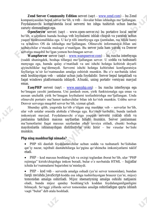 yakunlagan bo‘lsa, 2018 yilda php egalladi. 2019 yilda php7 da ish samaradorligi ikki-uch marta ortdi. php tili ekotizimining hozirgi holatini baholashda php uchun asosiy paketlar majmuasi – packagist ni qarash yetarli, u eksponensial ravishda o‘smoqda. ushbu paketlarning kuniga 25 milliontagacha yuklab oliniyotganligi, php tilining ekotizim ekanligidan dalolat beradi. php7 tilida ishonchli, yaxshi xizmat ko‘rsatuvchi va sifatli dasturiy ta’minot yaratish mumkin. hozirda information bozorda turli ishlab chiqaruvchilarning bir nechta yechimlari (saytlari) mavjud: apache server (sayt - apache.org) – bu tarmoqda eng keng tarqalgan va ommabop bepul foydalaniladigan serverdir. u o‘ta ishonchli va moslashuvchan bo‘lib, prosessor resurslariga qat’iy talab qo‘ymaydi va ko‘plab saytlarga xizmat qilish qobiliyatiga ega. ushbu saytning ilovalari keng spektrdagi operatsion tizimlar uchun yaroqli, ularga misol tariqasida unix, linux, solaris, mac os x, micrasoft windows va boshqalarni ko‘rsatish mumkin.hozirda apachedan foydalanish ko‘rsatkichi 71% ni tashkil etadi. ammo, apache o‘ta murakkab dastur bo‘lib, undan har bir foydalanuvchi erkin foydalanish imkoniyatiga ega …