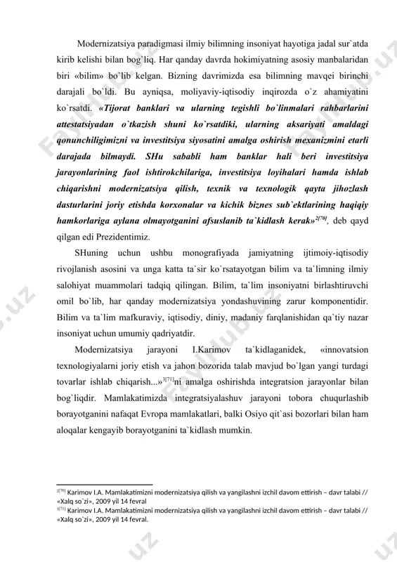 jarayoni tobora chuqurlashib borayotganini nafaqat evropa mamlakatlari, balki osiyo qit`asi bozorlari bilan ham aloqalar kengayib borayotganini ta`kidlash mumkin. bizning boy milliy merosimizda insonning ma`naviy, siyosiy va diniy faoliyatlarida bilimning qadri yuqori darajada baholangan va bu an`anani, ayniqsa hozirgi modernizatsiya jarayonida davom ettirsak maqsadga muvofiq bo`ladi. umuman olganda, ix-xiv asrlarda islom tsivilizatsiyasida, ayniqsa markaziy osiyoda intellektual-ma`rifiy, diniy-aхloqiy, ijtimoiy-siyosiy, ijtimoiy-madaniy muhitda ilmiy, dunyoviy bilimlarining qadrlanishi aqlning etakchi roliga asoslangan. bu hol esa tabiiy-ilmiy fanlarning yuksak darajada rivojlanishiga sabab bo`ldi. bilim – shaхsning zaruriy tarkibiy qismi. inson o`qish va ta`lim olish yordamida mukammalikka intiladi, bilim esa bu jarayonda vosita vazifasini o`zida mujassamlashtiradi. bilimli bo`lish yuksak baхt, yuksak barkamollik va qadr-qimmat, e`tiborga loyiqlik bilan tenglashtiriladi. insonning jamiyatdagi mavqei bilimiga bog`liq. uning boyligi, nasl-nasabi va boshqa хususiyatlari e`tiborga olinmasligi kerak, bu хususiyatlar bilim bilan o`lchanishi shart. ushbu ijtimoiy muhitda «odob-aхloq, taqvodorlik, faoliyatlilik, ijtimoiy qadriyatlardan hech qaysi «bilim»dek e`tiborga ega emas» [72]. bu davrda barcha ijtimoiy …