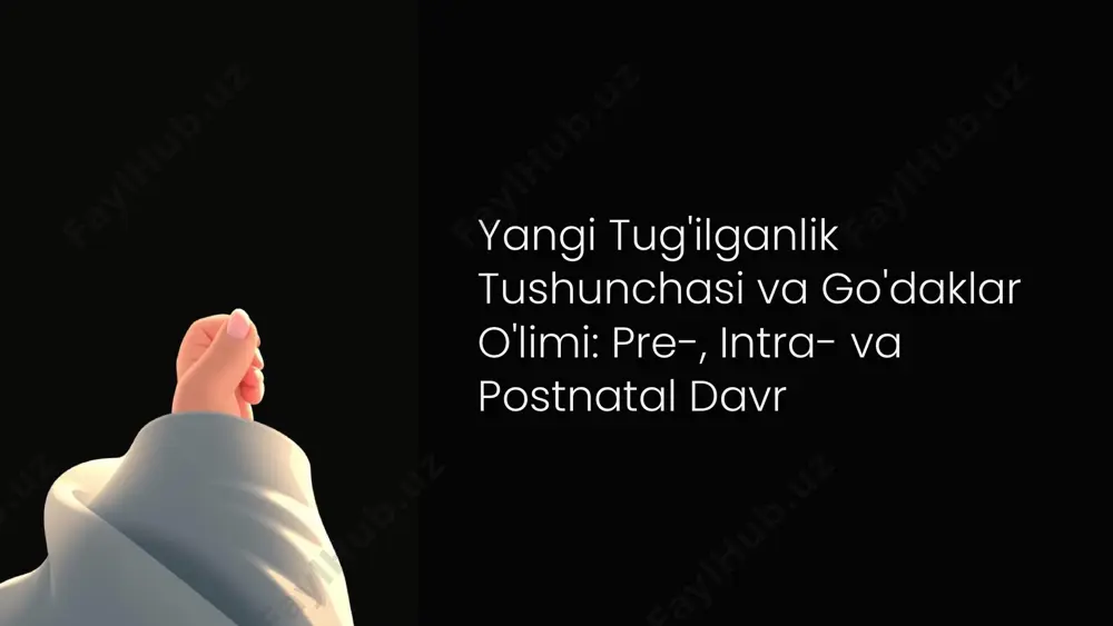 iqiy ko'rsatkichlar yuqori bo'lishi mumkin. sog'liqni saqlash tizimini takomillashtirish va ma'lumotlarni yaxshilash zarur. 10 xulosa va tavsiyalar neonatal o'limning asosiy sabablari: prematurlik, tug'ma nuqsonlar, infektsiyalar, asfiksiya. har bir davrda (pre-, intra-, postnatal) profilaktika va sifatli parvarish muhim. sog'liqni saqlash tizimida malakali kadrlar va jihozlar sonini oshirish. ona va bola sog'ligini yaxshilash uchun jamoatchilikni xabardor qilish va qo'llab-quvvatlash zarur. 11 o‘zbekiston respublikasi sog‘liqni saqlash vazirligi. “onalik va bolalikni muhofaza qilish bo‘yicha milliy dastur”. toshkent, 2020. to‘ychiyeva s., qodirova m. “neonatologiya asoslari”. o‘quv qo‘llanma. toshkent: tibbiyot nashriyoti, 2019. jo‘raqulova d. “perinatal davr patologiyasi va uning oldini olish yo‘llari”. toshkent: o‘zmu ilmiy to‘plam, 2021. world health organization. “neonatal and perinatal mortality: global estimates”. geneva: who, 2019. oza s., lawn j., hogan d. va boshq. “cause-of-death estimates for the early and late neonatal periods”. the lancet global health, 2014. shukla v.v., nimbalkar s. va boshq. “review of the evidence for interventions to reduce neonatal …