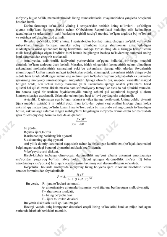lda hisobga olinadigan amortizatsiya ajratmalari miqdor o’lchovi, so’mda; tkomis - lizing shartnomasi asosida lizing beruvchining komission mukofot puli, so’mda; qqs - lizing beruvchi xizmatlari bo’yicha lizing oluvchi tomonidan to’lanadigan qo’shilgan qiymat solig’i, so’mda; bb - bojxona boji, so’mda; kt - kredit resurslaridan foydalanganlik uchun to’lov, so’mda; qt - qo’shimcha xizmatlari uchun to’lov, so’mda. o’z navbatida, amortizatsiya ajratmalari quyidagi formula bilan hisoblaniladi: bu erda, a- amortizatsiya ajratmasi summasi; s- mol – mulkning balans qiymati; na- amortizatsiya ajratmasi me’yori. kredit resurslaridan foydalanganlik uchun to’lov quyidagi formula orqali aniqlanadi: bu erda, k- kredit resurslar summasi; sk – kredit resurslaridan foydalanganligi uchun stavkasi. lizing shartnomasi asosida lizing beruvchining komission mukofat puli quyidagicha aniqlanadi: bu yerda, skomis – komission mukofat puli stavkasi. qo’shimcha xizmatlar to’lov miqdori asosan quyidagi aniqlanadi: qt = xsaf + xrek + xboshqa bu yerda, xsaf – bank xodimlarining safar xarajatlari; xrek – reklamalar xarajatlar summasi; xboshqa - boshqa xarajatlar summasi. o’zbekiston …
