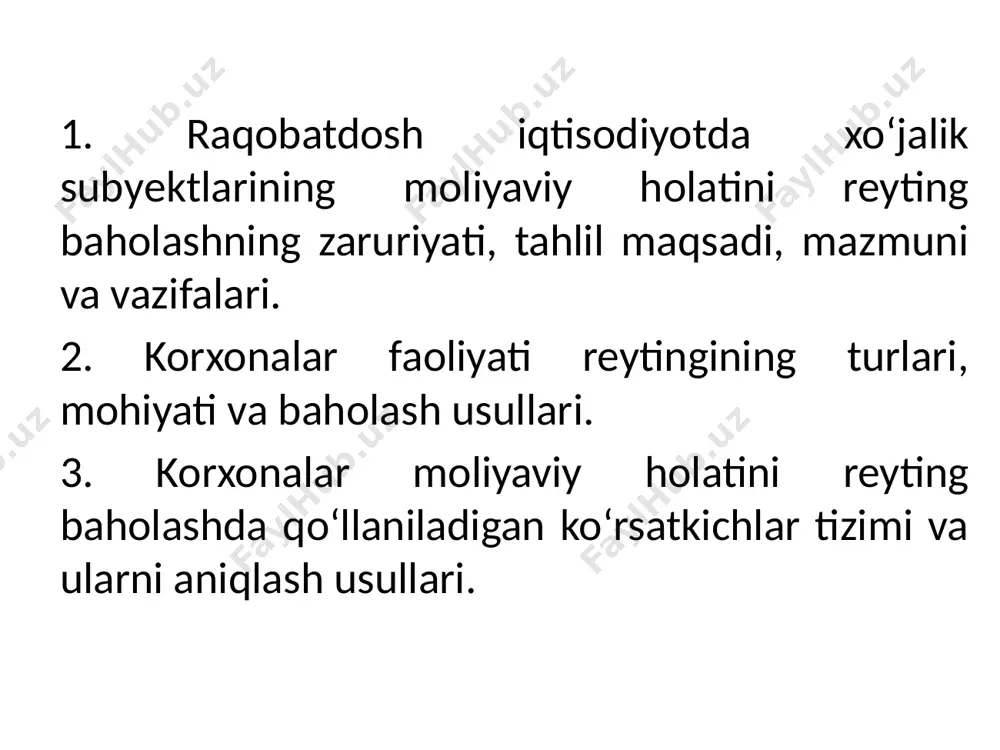 gini mutlaq ko’rsatkichlarda tahlil etish; moliyaviy koeffitsientlarni aniqlash va tahlil etish; moliyaviy natijalarni tahlil qilish; xulosa va takliflar tayyorlash. reyting baholash korxonalar o’rtasida turli belgilar bo’yicha amalga oshirilishi mumkin. masalan: aktivlar hajmi bo’yicha, tushum, foyda hajmi bo’yicha, eksport hajmi, ishlovchilar soni bo’yicha va h.k. lekin korxonalar iqtisodiy va moliyaviy salohiyatida ushbu ko’rsatkichlarning barchasi qamrab olinganligi sababli ularning moliyaviy holatini reyting baholash amaliyotidan keng foydalaniladi. moliyaviy holat bo’yicha reytingni aniqlash quyidagi bosqichlarda amalga oshiriladi: 1. ranjirlash amalga oshiriladigan ko’rsatkichlar tizimini tanlash. moliyaviy hisobot shakllari asosida aniqlanadigan va korxonaning turli faoliyat natijaviyliklarni aks ettiruvchi bunday ko’rsatkichlar qatoriga quyidagilarni kiritish mumkin: mulkiy holatni baholash imkonini beruvchi koeffitsentlar; likvidlik ko’rsatkichlari, ish aktivligi, rentabellik ko’rsatkichlari, moliyaviy barqarorlik ko’rsatkichlari. 2. reyting baholash yuzasidan iqtisodiy birliklarni tanlab olish. agar korxonalarning soha va tarmoq bo’yicha reytingi aniqlash tahlil maqsadi qilib belgilangan bo’lsa bitta tarmoqqa va soha tegishli bo’lgan turdosh korxonalargina tanlab olinadi. agar hudud va davlat bo’yicha korxonalar …
