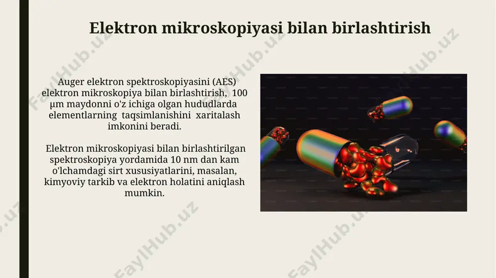 molekulalarning, masalan, oqsillar va dnk ning, elementar tarkibini va kimyoviy bog'lanishlarini 0,1-1 nm aniqlikda tahlil qilish mumkin. ultra binafsha fotoelektron spektroskopiyasi (ups) ups texnikasi yordamida sirt sezgirligi yuqori bo'lganligi sababli, 10 nm gacha bo'lgan sirt qatlamidagi elektron holatlarini tahlil qilish mumkin. ups spektrida, fermi darajasi va valent zonasining kengligi kabi muhim parametrlar aniqlanadi, bu esa materialning elektron tuzilishi haqida ma'lumot beradi. elektron emissiyasi jarayonlari issiq elektron emissiyasi, 1000 k dan yuqori haroratlarda metall yuzasidan elektronlarning termal energiya ta'siri natijasida chiqishi bilan tavsiflanadi, bu jarayon richardson-dushman tenglamasi bilan modellashtiriladi. elektron emissiyasi jarayonlarida, 10-100 ev energiyali fotonlar ta'sirida fotoelektronlarning chiqishi fotoelektr effekti orqali yuz beradi, bu jarayon materialning ishlash funksiyasi bilan bog'liq. energiya darajalari va spektrlar elektron va ion spektroskopiyasida energiya darajalari o'tishining 10-100 ev oralig'idagi energiya farqlari bilan tavsiflanadi, bu esa ultrabinafsha va rentgen nurlanishi sohalariga to'g'ri keladi. auger elektron spektroskopiyasi (aes) 100-2000 ev energiyaga ega bo'lgan auger elektronlarining chiqarilishini o'rganadi …