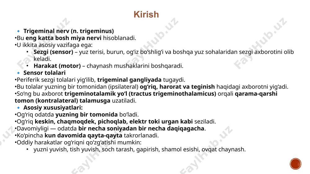 ko‘pchilik holatlarda (80–90%) nerv ildizi (root) ponsga kiradigan joy yaqinida bosim ostida qoladi. eng ko‘p uchraydigan sabablar: qon tomir bosimi superior cerebellar arteriya (75–80% hollarda asosiy sabab). boshqa tomirlar: petrosal vena, aica (anterior inferior cerebellar artery), vertebral arteriya. hajm egallovchi o‘smalar meningioma akustik neyroma epidermoid kista avm (arteriovenoz malformatsiya) sakkulyar anevrizma demiyelinizatsion kasalliklar multiple skleroz → trigeminal nerv yadrosining demiyelinizatsiyasi tufayli. tn bemorlarining taxminan 2–4% holatlarida sabab ms hisoblanadi. postgerpetik nevralgiya (phn) – herpes zoster (zona kasalligi) o‘tkazgan bemorlarda kuzatiladigan surunkali og‘riq sindromi. asosan trigeminal nerv yoki orqa nerv ildizlari zararlanganda paydo bo‘ladi. klinik belgilari zona infeksiyasi o‘tkazgandan keyin 1 oydan ortiq davom etuvchi og‘riq. og‘riq xususiyatlari: kuydiruvchi, sanchuvchi, to‘satdan o‘q uzilgandek og‘riq ko‘pincha teri sezgirligi oshgan (allodiniya) asosan 50 yoshdan katta bemorlarda uchraydi. diagnostika klinik tashxis (anamnez: avvalgi herpes zoster) nevrologik tekshiruv – sezgi buzilishlari qo‘shimcha tekshiruvlar zaruratga qarab: mrt, elektronevrografiya davolash medikamentoz terapiya: antikonvulsantlar (gabapentin, pregabalin) antidepressantlar (amitriptilin) …
