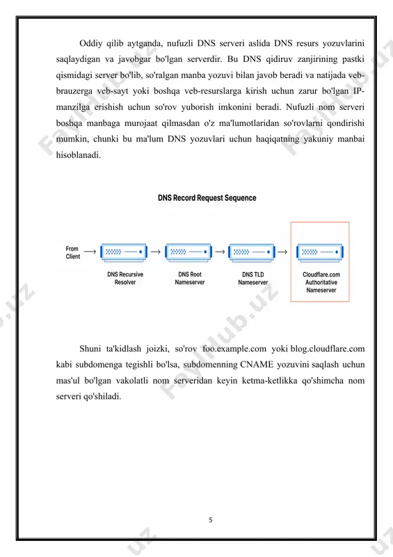 ver brauzerda ko'rsatiladigan veb-sahifani qaytaradi (10-qadam). dns hal qiluvchi nima? dns-resolver dns qidiruvidagi birinchi to'xtash joyi bo'lib, u dastlabki so'rovni yuborgan mijoz bilan ishlash uchun javobgardir. resolver so'rovlar ketma-ketligini boshlaydi, natijada url kerakli ip manzilga tarjima qilinadi. eslatma: odatda keshlanmagan dns qidiruvi ham rekursiv, ham iterativ so'rovlarni o'z ichiga oladi. rekursiv dns so'rovi va rekursiv dns rezolyutsiyasi o'rtasidagi farqni bilish muhimdir . so'rov so'rovni hal qilishni talab qiluvchi dns-resolverga yuborilgan so'rovga ishora qiladi. dns rekursiv hal qiluvchi - bu rekursiv so'rovni qabul qiladigan va kerakli so'rovlarni amalga oshirish orqali javobni qayta ishlaydigan kompyuter. dns so'rovlarining turlari qanday? oddiy dns qidiruvida uch turdagi so'rovlar mavjud. ushbu so'rovlarning kombinatsiyasidan foydalangan holda, dns ruxsati uchun optimallashtirilgan jarayon bosib o'tgan masofani qisqartirishga olib kelishi mumkin. ideal holatda keshlangan yozuv ma'lumotlari mavjud bo'lib, dns nom serveriga rekursiv bo'lmagan so'rovni qaytarishga imkon beradi. dns so'rovlarining 3 turi: 1. rekursiv so'rov - rekursiv so'rovda dns mijozi dns …