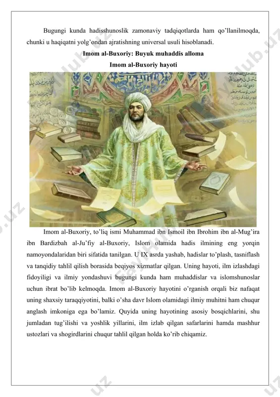 tarbiya bergan. onasi esa oilaning moddiy va ma’naviy ta’minotini ta’minlab, o’g’lining ta’limiga alohida e’tibor qaratgan. buxoro o’sha paytda islom olamining muhim ilmiy markazlaridan biri bo’lib, bu yerda hadis, fiqh va tafsir ilmlari rivojlangan edi. yosh muhammad bu muhitda ulg’ayib, dastlabki ta’limini mahalliy ulamolardan olgan.yoshlik yillarida imom al-buxoriy ajoyib xotira va zukolikka ega bo’lgan. rivoyatlarga ko’ra, u o’n yoshida minglab hadislarni yod olgan. bu uning ilmiy qobiliyatining dastlabki namoyonasi edi. masalan, u buxorodagi masjidlarda o’tkaziladigan hadis darslariga qatnashib, ustozlarining rivoyatlarini tezda ezberlagan. yoshligidagi bu fidoyilik uning kelajakdagi ilmiy faoliyatiga asos bo’ldi. chuqur tahlil qilsak, imom al-buxoriy yoshligida hadis ilmining asosiy tamoyillarini o’zlashtirgan: isnod (rivoyat zanjiri) va matn (hadis matni) ni tanqidiy baholash. bu tamoyillar uning butun hayotiga ta’sir qilgan. amaliy misol sifatida, u yoshligida buxorodagi bir darsda ustozining xatosini tuzatganligi haqidagi rivoyatni keltirish mumkin. ustoz bir hadisning isnodida xato qilganida, yosh muhammad uni darhol tuzatgan va bu uning zukoligini namoyon etgan. …