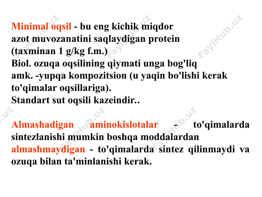 fosfoadenozin-5-fosfosulfat (fafs) yoki faol glyukuron kislotasi - uridin difosfoglyukuron kislotasi (удф-гк), siydik bilan chiqariladigan toksik bo'lmagan juftlashgan sulfat kislotalar (fenol-sulfat) yoki juft glyukuron kislotalari (fenol-glyukuron) hosil bo'lishi bilan. aminokislotalar sintezi a-ketoglutar kislotasi + nh3 → glutamat glutamat → prolin → gidroksiprolin glutamik kislota → ornitin → arginin pike + nh3 → aspartik kislota aspartik kislota → treonin ← ch3cho + glitsin → sistein → metionin → lizin ← a-ketoglutar kislotasi → alanin + co2 glyukoza → serin → glitsin ← pvx + nh3 serin → sistein riboza → histidin to'qimalarda aminokislotalardan foydalanish 1. protein sintezi uchun 2. yakuniy mahsulotlarga parchalanish (co2, h2o, nh3 va boshqalarga) energiya chiqishi bilan 3. azotli oqsil bo'lmaganlarni sintez qilish uchun moddalar: gormonlar - adrenalin, tiroksin, bas - vitamin pp, yuqori energiyali birikma - kreatinin. 4. uglevodlar va yog'larning bilvosita sintezi uchun to'qimalarda aminlarning reaktsiyalari 1. transaminatsiya 2. dezaminatsiya 3. dekarboksillanish dezaminatsiya reaktsiyasi – dan aminokislotalarni …
