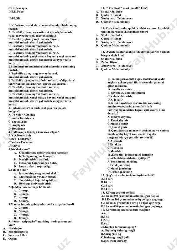 diri kim edi? a.jo’raxon usmonov b.xudoyberdi shoniyozov c.sharif ergashev d.xalloq aminov 12.dneprni kechib o’tishdagi jasorati uchun nechta o’zbek yigitlariga qahramon unvoni berilgan? a.26 ta b.14 ta c.16 ta d.21 ta 13.farg’ona neftni qayta ishlash zavodi qurib foydalanishga topshirilgan yili bo’lgan voqeani aniqlang. a.gaz zahiralari 500 mlrd kubometrga teng bo’lgan gazli koni ochildi b."buxoroneftgaz" boshqarmasi tuzildi c."o’zbekneftegazrazvedka" tresti geologiya-qidiruv ishlarini olib borishni o’z nihoyasiga yetkazdi d.navoiy kimyo kombinati qurib foydalanishga topshirildi 14.farg’ona viloyati hududida qachon harbiy holat joriy etildi? a.1918-y yanvarida b.1918-y 14-fevralida c.1918-y 17-fevralida d.1918-y 21-fevralida 15.farhod gesi qurilishi qacchon boshlandiva u qancha muddat davom etdi? a.1943-y 10 oy b.1939-y 45 kun c.1942-y 1,5 yil d.1943-y 1,5 yil 16.fransiyada 37 millat va elatga mansub 2200 sovet harbiy asirlaridan tuzilgan partizanlar polki kimning qo’mondonligi ostida fransuz partizanlari bilan birgalikda janglar olib borganlar? a.tojiboy ziyoyev b.a.a.kozaryan c.nasib amirov d.uksan xolmatov 17.fuqarolarning o’zini o’zi boshqarish organlari oqsoqoli va uning maslahatchilarining vakolat muddati necha …