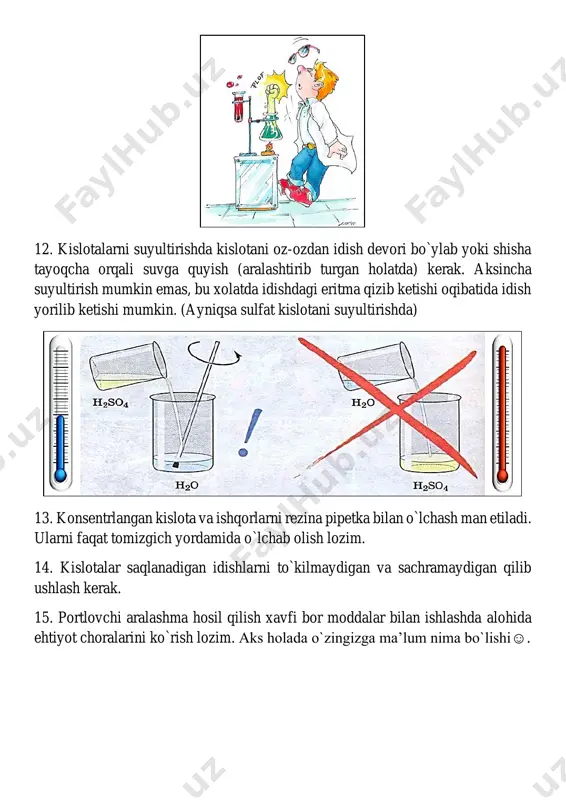 vi – deyarli barcha tajribalarni o`tkazishda asosiy yordamchi bo`lib hizmat qiladi. u odatda turli hiladagi laboratoriya jihozlarini tutib turish vazifasini bajaradi. 2 probirka – bu idishning ichida kimyoviy reaksiyalar o`tkaziladi. idish kimyoviy shishadan tayyorlangan bo`lib harorat ta’siriga chidamlidir. labaratoriyada eng ko`p qo`llaniladigan idishlardan biridir. 3 tubi yumoloq kolba – eritmalar tayyorlash, ba’zi reaksiyalarni o`tkazish kabi maqsadlarda qo`llaniladi. idish kimyoviy shishadan tayyorlangan bo`ladi. ya’ni haroratga chidamlidir. ba’zan kolbada maxsus belgi bo`ladi. bu belgiga qarab suyuqlikllarning hajmini o`lchash mumkin bo`ladi. 4 o`lchov stakani – suyuq moddalarning hajmini o`lchash uchun ishlatiladi. 5 konussimon kolba – eritmalar tayyorlash, reaksiyalar o`tkazish, suyuqliklarning hajmini o`lchash maqsadida ishlatiladi. 6 tubi yassi kolba – eritmalar tayyorlash, ba’zi reaksiyalarni o`tkazish kabi maqsadlarda qo`llaniladi. idish kimyoviy shishadan tayyorlangan bo`ladi. ya’ni haroratga chidamlidir. ba’zan kolbada maxsus belgi bo`ladi. bu belgiga qarab suyuqlikllarning hajmini o`lchash mumkin bo`ladi. 7 o`lchov silindri – ko`pincha suyuqliklarning hajmini aniq qilib o`lchashda ishlatiladi. 8 probirka shtativi – …