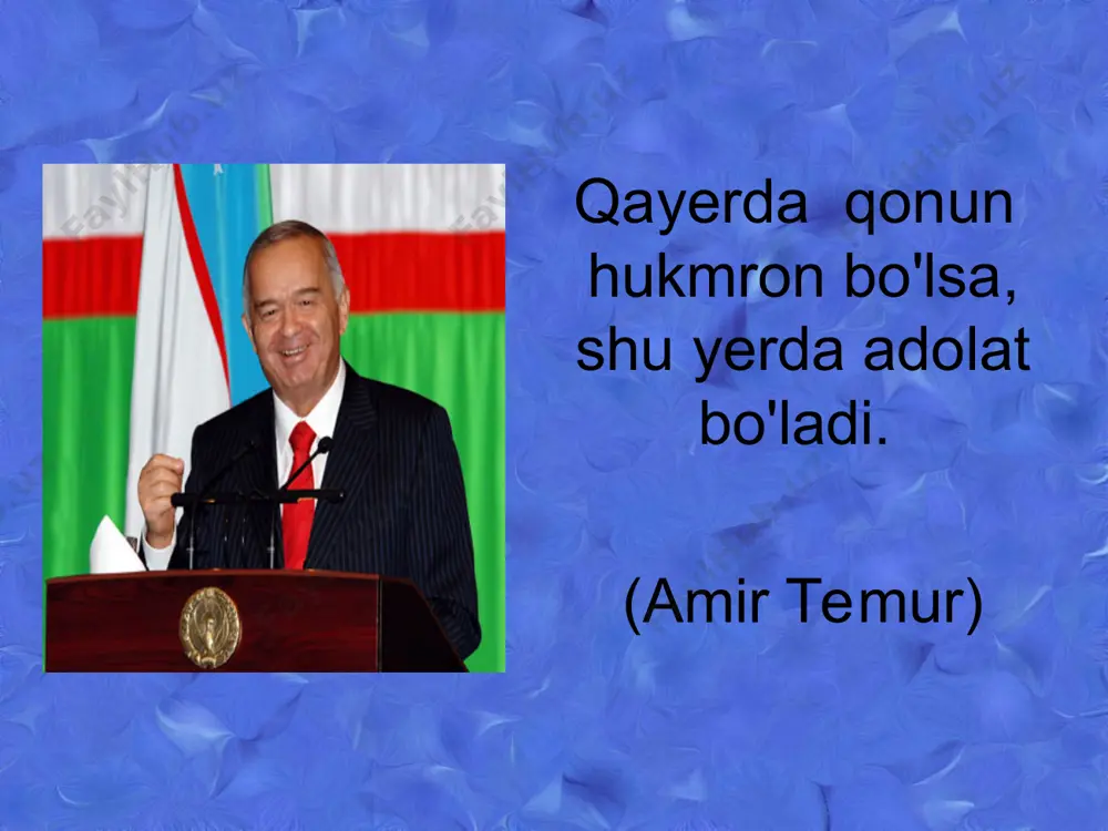 iymoni, erkin yosh avlodlar senga zo'r qanot! istiqlol mash'ali,tinchlik posboni, xaqsevar,ona yurt, mangu bo'l obod! naqorat: oltin bu vodiylar-jon o'zbekiston ajdodlar mardona ruhi senga yor! ulug' halq qudrati jo'sh urgan zamon, olamni mahliyo aylagan diyor! o`zbekiston respublikasi konstitutsiyasida respublikamizdagi xalq hokimyatchiligi printsipi quyidagicha ochib berilgan: 7 - modda. xalq davlat hokimiyatining birdan - bir manbaidir. o`zbekiston respublikasida davlat hokimiyati xalq manfaatlarini ko`zlab va o`zbekiston respublikasi konstitutsiyasi hamda uning asosida qabul qilingan qonunlar vakolat bergan idoralar tomonidangina amalga oshiriladi. konstitutsiyada nazarda tutilmagan tartibda davlat hokimyati vakolatlarini o`zlashtirish, hokimiyat idoralari faoliyatini to`xtatib qo`yish yoki tugatish, hokimyatning yangi muvoziy tarkiblarini to`zish konstitutsiyaga xilof hioblanadi va qonunga binoan javobgarlikka tortishga asos bo`ladi.