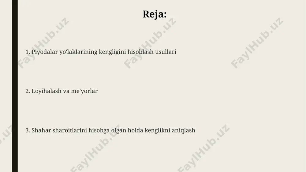 igi, odamlarning erkin harakatlanishi uchun, standart kenglikka nisbatan 0,5-1 metrga kengroq bo'lishi lozim. shahar sharoitlari zichligi yuqori bo'lgan hududlarda, masalan, yiliga 100 000 dan ortiq piyodalar harakatlanadigan joylarda, piyodalar yo'lakchasining minimal kengligi 2 metrdan kam bo'lmasligi kerak, aks holda tirbandlik yuzaga keladi. inson omili va ergonomika ergonomik jihatdan qulay piyoda yo'laklari kattaligi harakatlanuvchi invalid aravachalari (kamida 120 sm) va bolalar aravachalari uchun ham etarlicha bo'lishi kerak. piyodalar yo'laklarining kengligi odamlarning o'rtacha yelka kengligi (taxminan 45-50 sm) va ikki kishining bir-biridan bemalol o'tishi uchun qo'shimcha 60-70 sm masofani hisobga olgan holda aniqlanadi. xavfsizlikni ta'minlash maqsadida, ayniqsa gavjum joylarda, piyodalar yo'laklarining minimal kengligi kamida 1,5 metr bo'lishi, bu esa bir vaqtning o'zida ikki kishining bemalol harakatlanishiga imkon beradi. muammolar va cheklovlar piyodalar yo'laklarining kengligini hisoblashda, minimal 1,5 metr va maksimal 3 metr oralig'ini hisobga olish kerak, aks holda nogironlar aravachalari va bolalar aravachalari uchun yetarli joy bo'lmaydi. shahar ko'chalarida piyodalar yo'laklarining kengligini …