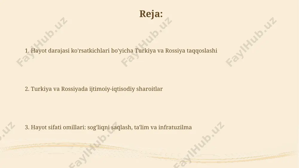 nlik va matbuot erkinligi darajasi hali ham pastligicha qolmoqda, ayniqsa, andijon viloyatida. 2022-yilgi hisobotlarga ko'ra, o'zbekistondagi erkinlik va demokratiya ko'rsatkichlari 100 balldan 55 ballni tashkil etdi, bu esa mintaqadagi boshqa davlatlarga nisbatan past ko'rsatkich hisoblanadi. hayot darajasi ko'rsatkichlari rossiyaning moskva va sankt-peterburg kabi yirik shaharlarida yashovchi aholining hayot darajasi umumiy o'rtacha ko'rsatkichdan yuqori bo'lsa-da, qishloq joylarida esa kambag'allik darajasi ancha yuqori, 20% dan oshadi. turkiya va rossiya o'rtasidagi hayot darajasi farqi, ayniqsa sog'liqni saqlash va ta'lim sohalarida sezilarli darajada bo'lib, turkiyaning shifokorlar soni rossiyaga nisbatan yuqori, ammo ta'lim sifati bo'yicha farq kamroq aniq. xavfsizlik va jinoiyat 2022-yilda rossiyada qayd etilgan jinoyatchilik darajasi turkiyaga nisbatan ancha yuqori bo'lib, ayniqsa, moskva va sankt-peterburg kabi yirik shaharlarda ko'proq huquqbuzarliklar kuzatilgan. turkiyada o'g'irlik va talonchilik kabi zo'ravon bo'lmagan jinoyatlar soni rossiyaga qaraganda kamroq, ammo terrorizm tahdidi, ayniqsa, janubi-sharqiy mintaqalarda, ancha yuqori. sog'liqni saqlash tizimi turkiyada sog'liqni saqlash tizimi aralash modelga asoslangan bo'lib, davlat va …