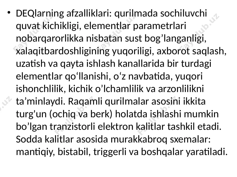 tok) amplitudasi, kuchlanish manbayi energiyasini chiqish signali energiyasiga o'zgartirilishi hisobiga chastotalarning chegaralanmagan oralig‘ida nochiziqli buzilishlarsiz ки marta ko'paytirish tushuniladi. signallarni kuchaytirish operatsion kuchaytirgich (ok) lar, videochastotalarning keng polosali va yuch kuchaytirgichlari yordamida amalga oshiriladi. chiziqli analog o‘zgartirishlarni amalga oshirishda ok negiz qurilma bo‘lib xizmat qiladi. nochiziqli analog o‘zgartirishlarni amalga oshiruvchi asosiy qurilma sifatida signallarni analog ko’paytirgich xizmat qiladi. u ikkita kirishga ega bo'lgan o‘zgartgichdan iborat bo‘lib, x va y analog kattaliklar ko‘paytmasi uchiq ni aniqlaydi: uchiq=kxu, bu yerda: к — masshtablovchi koeffitsient bo‘lib x va yga bog‘liq emas. signallarni analog ko‘paytirgich universal qurilma bo‘lib, u ko‘paytirish, bo'lish, darajaga ko‘tarish, ildiz chiqarish kabi amallarni bajarish uchun ishlatiladi. ko‘paytirgichlar asosida barcha turdagi detektorlar, modulyator — demodulyatorlar, aktiv filtrlar, boshqaruvchi generatorlar va boshqalar hosil qilinadi. elektronikaning elektron asboblar vaxlari xususiyatlarini e’tiborga olgan holda axborotga ishlov berish usullarini ishlab chiquvchi bo'limi sxemotexnika deb ataladi. mikrosxemotexnika deb elektronikaning imslarda va ular asosidagi realarda ishlatiladigan elektr …
