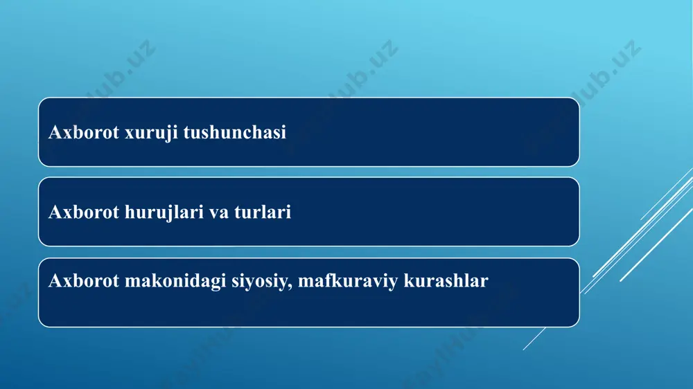 am "axborot, psixologik urush" kabi eshitilishi mumkin o'z ma'lumotlarini himoya qilgan holda dushmanning axboroti, axborot jarayonlari va axborot tizimlariga zarar etkazish orqali axborot ustunligiga erishish uchun maqsadli harakatlar; axborot jarayonlari va axborot tizimlari ma'muriyat, boshqaruv, siyosat, iqtisod va jamoat hayotida axborotning ahamiyati va ahamiyati tobora ortib borayotganligi sababli keng qamrovli, yaxlit strategiya dushmanning axborot va axborot tizimlariga ta'sir ko'rsatish orqali milliy harbiy strategiyani ta'minlashda axborot ustunligiga erishish, o'zimizning axborot va axborot tizimlarini mustahkamlash va himoya qilish bo'yicha amalga oshirilgan harakatlar axborot urushlarining xususiyatlari har qanday auditoriyaga ta’sir qilish (odamlar, harbiylar, ishchilar, ziyolilar va boshqalar) ushbu auditoriyaga ma'lumot yetkazildi. axborot vositalaridan foydalanish strategiyasi faqat tajovuzkor hisoblanadi. axborot urushining maqsadi ta'sirlangan tomonning fikrlash tarzini o’zgartirish va yanada foydali mavqega ega bo’lishdir. o’z axborot makoningizni hujumdan himoya qilish. axborot urushining maqsadi - shaxs yoki mamlakatning tinchligiga taxdid solgan holda, bosim o‘tkazish harbiy ma'lumot funksiyalarimizni dushman harakatlaridan himoya qilish bilan birga, biz undan foydalanishimiz …