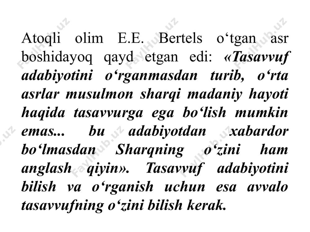 ng “devoni hikmat”, farididdin attorning “ilohiynoma”, “bulbulnoma”, “ushturnoma”, jaloliddin rumiyning “masnaviy mahnaviy”, xusrav dehlaviyning “matlah ul-anvor”, navoiyning “hayrat ul-abror” va “lison ut-tayr”. so’fiy va ijodkor jazba+ shoir romantikasi mutasavvif shoir bobo tohir (980-1055) bobo tohir eronning hamadon shahrida tug’ilgan. “bobo” unvoni tasavvuf piri bo’lganini anglatadi. uning forsiyda ifoda etilgan 350 ta dubaytiy- to’rtligigi,ikki masnaviysi yetib kelgan. bobo tohirning nomini olamga yoygan unug dubaytiylari – to’rtliklari hisoblanadi. shoir taronalaridagi tashbehu timsollar o’zining go’zal va ohorliligi, ma’nolari keng va teranligi, falsafiy fikru mulohazalar ko’lamli va haqqoniyligi bilan kishini hayratga soladi. shoirning komil ishonchiga ko’ra ilohiy ishq insoniy ishqdan o’sib chiqadi va, o’z navbatida, insoniy ishq yuksala borib, pirovard-natijada ilohiy ishqqa aylanadi. muhabbatsiz ko’ngilning so’lgani soz! kishining dardi yo’qmi — o’lgani soz! bu ishq yo’lida sobit bo’lmagan tan, kuyib otash aro kul bo’lgani soz! hoja ahmad yassaviy (vaf. 1166) “yassaviya”- birinchi turkiy tariqat asoschisi. “hikmat” deb atalgan irfoniy-tasavvufiy mazmundagi she’rlar ijod etdi. “devoni …