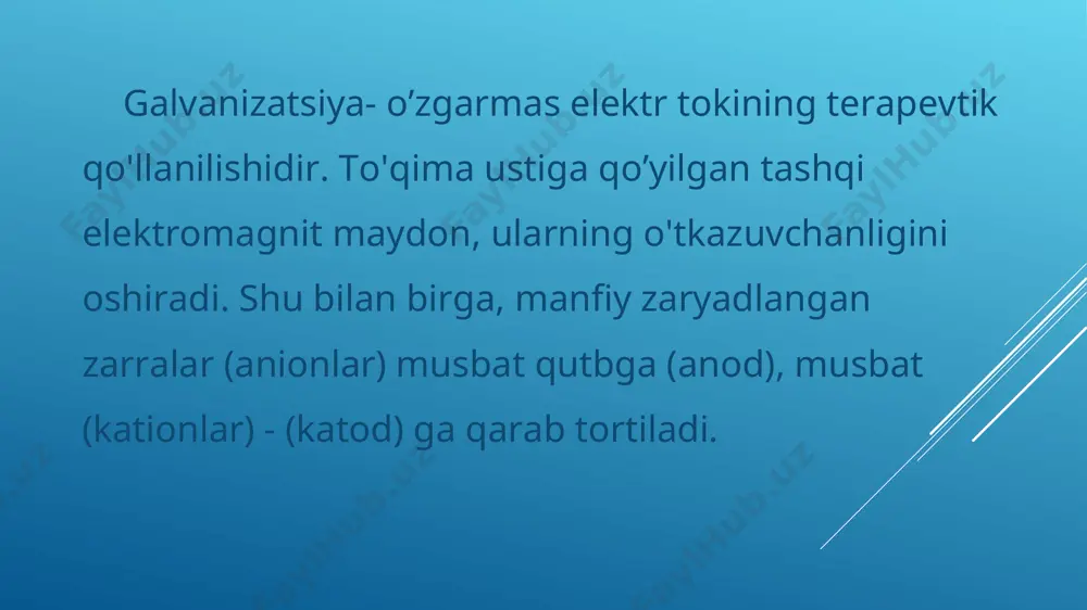 ilganda, ular tarkibidagi zaryadlangan zarrachalar teskari qutblarga (elektroforez) harakatlanadi, to'qimalarga chuqur kiradi va terapevtik ta'sirni ko’rsatadi. muolaja vaqtida ishlatilgan dorilar elektroforez orqali tanaga kiradigan miqdori 5-10% ni tashkil qiladi. preparatning asosiy qismi (90-92%) elektroforez tufayli organizmga kiradi, ba'zilari esa (5-8%) diffuziya natijasida va faqat kichik qismi (1-3%) elektrokmosmos orqali. davo samarasi. psixostimullovchi, tomir kengaytiruvchi, sekretor, reparativ (katodda), sedativ, limfa-drenajlovchi, degidratatsiyalovchi, gipoalgeziv (anodda), elektr toki bilan kiritilgan preparatning o'ziga xos farmokologik ta'siri. ko'rsatma. tayanch-harakat tizimi (gonartroz, koksartroz, tendinit), periferik asab tizimi-(nevralgiya, nevrit, pleksit, radikulit, parez, ishialgiya), markaziy asab tizimining (vegetativ buzilishlar bilan) funktsional kasalliklari, umurtqa pog’onasi degenerativ kasalliklari, oshqozon-ichak kasalliklarini (surunkali gastrit, peptik yara, surunkali xoletsistit, kolit), ayollar jinsiy organlarining, teri, ko'z, lor a'zolari kasalliklari va boshqalar. qarshi ko’rsatma. tananing turli joyida joylashgan, yaqqol shishli, o’tkir va yiringli yallig’lanish jarayonlari, teri sezuvchanligining buzilishi, tokni individual ko’tara olmaslik, elektrod joylashtirish kerak bo’lgan soha teri butunligining buzilishi, ekzema, metall implantlar, varikoz kasalligi. parametrlar. …