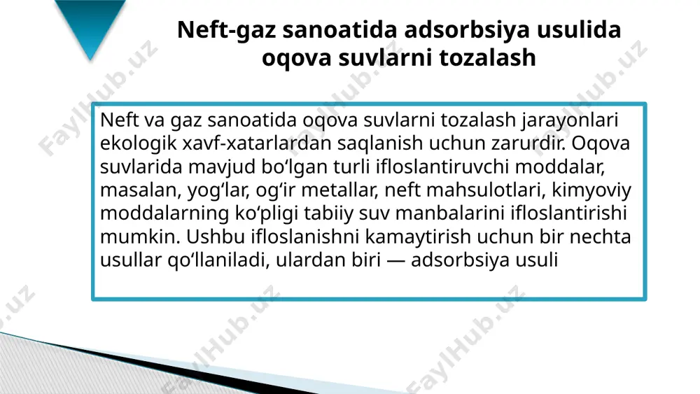 n adsorbsiya usuli ishlatiladi. og‘ir metallardan tozalash: og‘ir metallarning mavjudligi neft-gaz sanoatining oqova suvlarida keng tarqalgan. adsorbent materiallar yordamida bu metallarni samarali tarzda tozalash mumkin. biyologik degradatsiya: adsorbsiya usulini biologik tozalash usullari bilan birlashtirish, masalan, bioreaktorlar bilan ishlash, oqova suvlarning tozalash samaradorligini yanada oshiradi. xulosa neft-gaz sanoatida oqova suvlarni tozalashda adsorbsiya usuli samarali va ekologik jihatdan toza usul hisoblanadi. ushbu usul, ayniqsa, organik moddalarni, yog‘larni, neft mahsulotlarini va og‘ir metallardan tozalashda yuqori samaradorlikka ega. shuningdek, adsorbsiya jarayoni xavfsiz va ekologik jihatdan barqaror hisoblanadi, bu esa sanoatning atrof-muhitga ta’sirini kamaytiradi va suv resurslarini qayta ishlatishga imkon beradi. adabiyotlar 1. g‘ulomov, b. t., & azizov, m. o. (2015). ekologik tozalash va suv resurslarini boshqarish. 2. nazarov, m. a. (2014). 3. tadzhiev, m. r., & rahmatov, a. s. (2016). neft va gaz sanoatida atrof-muhitni muhofaza qilish 4. shukurov, i. r., & karimov, t. a. (2013). neft-gaz sanoatida ekologik texnologiyalar va ularning samaradorligi.. e’tiboringiz …
