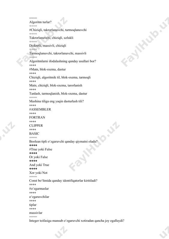 agi belgini xosil qiladi ++++ tartiblangan biror kattalikka mos kelgan tartib nomerni beradi ++++ haqiqiy sonni butun songacha yaxlitlaydi ++++ berilgan haqiqiy sonni shu sondan katta bo‘lmagan butun songacha yaxlitlaydi ==== char toifasiga mansub o‘zgaruvchi xotiradan qancha joy egallaydi? ++++ #1 bayt ++++ 2 bayt ++++ 8 bayt ++++ 1 kilobayt ==== case tanlash operatorida else bo‘limi bo‘lishi mumkinmi? ++++ #xa ++++ yo‘q ++++ bu case so‘zidan keyingi ifoda qiymatiga bog‘liq ++++ bunday bo‘lim faqat shart operatorida bo‘ladi ==== goto operatori qanday operator? ++++ #shartsiz o‘tish operatori ++++ kiritish operatori ++++ chiqarish operatori ++++ shartli o‘tish operatori ==== if so‘zi bilan qanday operator boshlanadi? ++++ #shart operatori ++++ tanlash operatori ++++ sikl operatori ++++ tarkibli operator ==== parametrli sikl operatori qaysi so‘z bilan boshlanadi? ++++ #for ++++ do ++++ if ++++ repeat ==== random funksiyasining vazifasi nima? ++++ #0 va 1 berilgan son o‘rtasidagi tasodifiy sonni xosil qiladi ++++ berilgan …