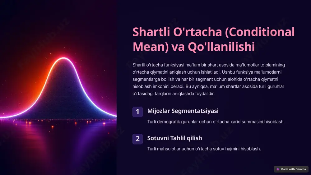 sullarini tushunishga yordam beradi. dasturiy kod dasturiy kod orqali validatsiya qoidalarini qo'llash (masalan, python yoki java). ma'lumotlar bazasi qoidalari ma'lumotlar bazasi qoidalari orqali validatsiya qoidalarini qo'llash (masalan, sql). validatsiya vositalari maxsus validatsiya vositalari orqali validatsiya qoidalarini qo'llash. 7 shartli statistik funksiyalar va validatsiya qoidalarining o'zaro aloqasi shartli statistik funksiyalar va validatsiya qoidalari bir-biri bilan chambarchas bog'liq. validatsiya qoidalari ma'lumotlarning sifatini ta'minlaydi, bu esa shartli statistik funksiyalarning aniq va ishonchli natijalar berishiga yordam beradi. noto'g'ri ma'lumotlar bilan ishlash statistik tahlil natijalarini buzishi mumkin. ma'lumotlar 1 validatsiya 2 tahlil 3 8 xulosa va keyingi qadamlar ushbu taqdimotda biz shartli statistik funksiyalar va validatsiya qoidalarini ko'rib chiqdik. shartli statistik funksiyalar ma'lum shartlar asosida ma'lumotlarni tahlil qilish imkonini beradi, validatsiya qoidalari esa ma'lumotlarning sifatini ta'minlaydi. ushbu tushunchalar ma'lumotlar tahlili sohasida ishlash uchun muhimdir. keyingi qadamlar: shartli statistik funksiyalarni amaliy loyihalarda qo'llash. validatsiya qoidalarini ma'lumotlar bazalarida va dasturiy kodda qo'llash. ma'lumotlar tahlili bo'yicha qo'shimcha resurslarni …