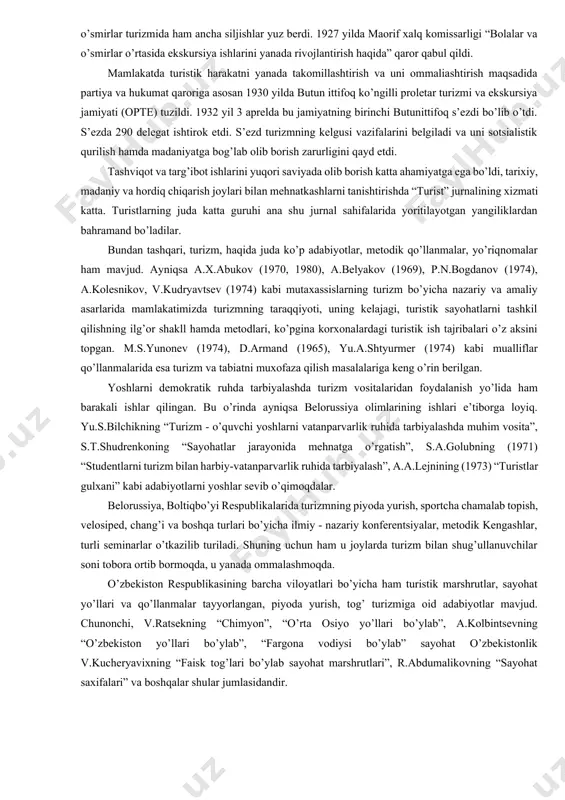 sayohat qilish, tabiatni muhofaza qilish formasiga aylandi, madaniyatning ravnaq topishi bilan u yildan - yilga takomillashb bordi. mamlakatda yoshlarni mehnat va mudofaaga tayyorlash, tabiatni, tarixiy yodgorliklarni muhofaza qilish muhim vazifa qilib qo’yildi. jismoniy tarbiya, sport va turizm mehnat va mudofaaning muhim omillaridan bo’lib qoldi. jismoniy tarbiya harakatining rivojlanishi turizmni ham jismoniy tarbiyaning asosiy vositasiga aylantirdi. 1919 yilda moskvada o’quvchilar eksukursiyaning markaziy byurosi tashkil etilib, u 30 - yillarga kelib markaziy bolalar ekskursiya - turistik stantsiyasiga aylantirildi. turizmni ommalashtirishda moskva komsomollarining xizmati katta bo’ldi. 1928 yilda “komsomolskaya pravda” gazetasi va moskva shahar komsomol tashkiloti rahbarligida volxovstroy va harbiy shon - shuhrat joylarga birinchi ommaviy yurish tashkil qilindi. shu yillarda bolalar va o’smirlar turizmida ham ancha siljishlar yuz berdi. 1927 yilda maorif xalq komissarligi “bolalar va o’smirlar o’rtasida ekskursiya ishlarini yanada rivojlantirish haqida” qaror qabul qildi. mamlakatda turistik harakatni yanada takomillashtirish va uni ommaliashtirish maqsadida partiya va hukumat qaroriga asosan 1930 yilda …