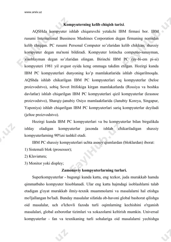 oda turli oqimlarning kechishini o'rganish masalalari, global axborotlar tizimlari va xokazolarni keltirish mumkin. universal kompyuterlar - fan va texnikaning turli sohalariga oid masalalarni yechishga mo'ljallangan. ularning amal bajarish tezligi va xotira hajmi superkompyuterlarnikiga nisbatan bir pog'ona past. bularga misol sifatida cray rusumli kompyuterni olish mumkin. hozirgi kunda internet dagi asosiy mayolumotlar va resurslar joylashgan uzoq-lashgan kompyuterga server deyiladi. universal kompyuterlardan serverlar sifatida foydalaniladi, chunki uning yuksak quvvatidan tarmoqqa ulangan barcha katta va kichik mashinalar ishini uyg'unlashtirish mumkin. kichik kompyuterlar - uchinchi va to'rtinchi avlod kompyuterlarini birlashtiruvchi eng ko'p tarqalgan kompyuterlar turi hisoblanadi. bu kompyuterlar o'zining tuzilishi jihatidan ixchamligi va undan foydalanishning qulayligi bilan ajralib turadi. kichik kompyuterlar o'zining hisoblash imkoniyatlariga qarab asosan uch sinfga bo'linadi: - minikompyuterlar, - shaxsiy kompyuterlar - portativ (notebook) kompyuterlar. minikompyuterlar - hajmi va bajaradigan amallar tezligi jihatidan universal kompyuterlardan kamida bir pog'ona pastdir. shuni aytish joizki, ularning gabariti(hajmi) tobora ixchamlashib, hatto shaxsiy kompyuterdek kichik joyni …